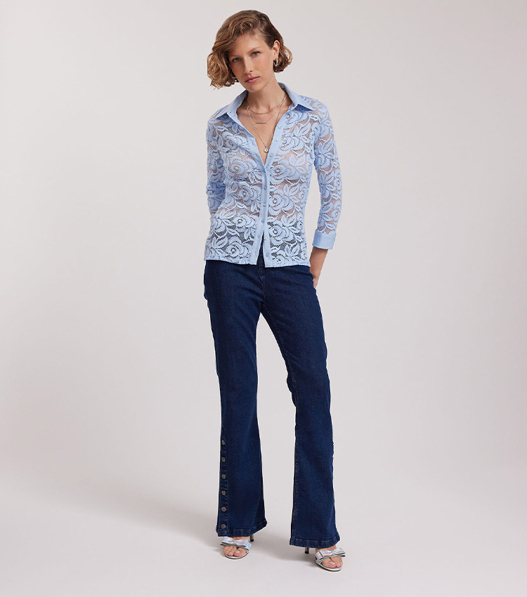 Discover the Nahia Riviera Blue 3/4 Sleeve Lace Shirt from designer Anne Fontaine
