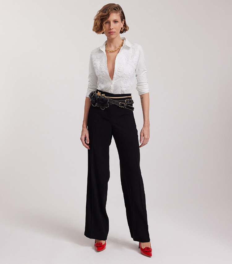 Discover the Amelie Black Bovine Leather Belt With Floral Accents and Gold Pearls from designer Anne Fontaine