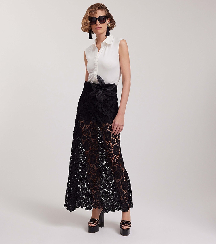 Discover the Cap Embroidered Black Floral Maxi Skirt from designer Anne Fontaine