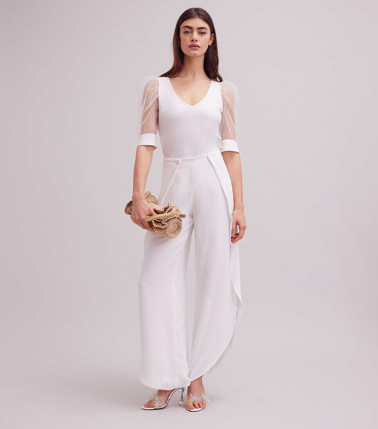 Discover the Aerial White V-Neck Top With Sheer Mesh Sleeves from designer Anne Fontaine