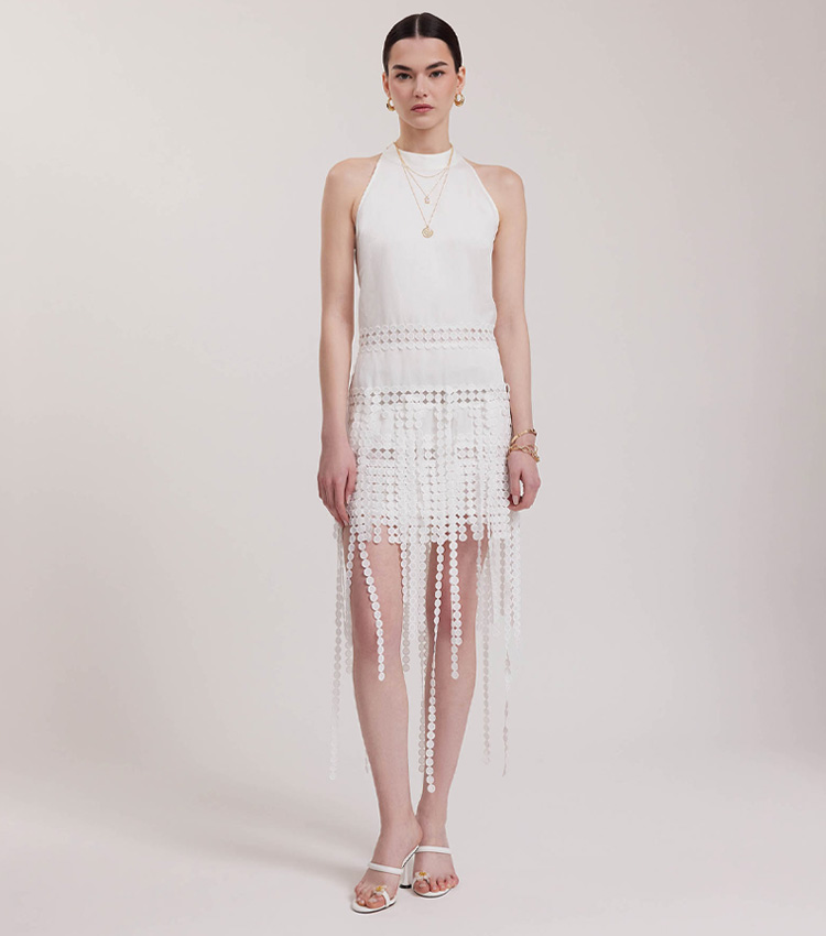 Discover the Althea White Halter Cut Fringe Dress With Circle Lace Inserts from designer Anne Fontaine