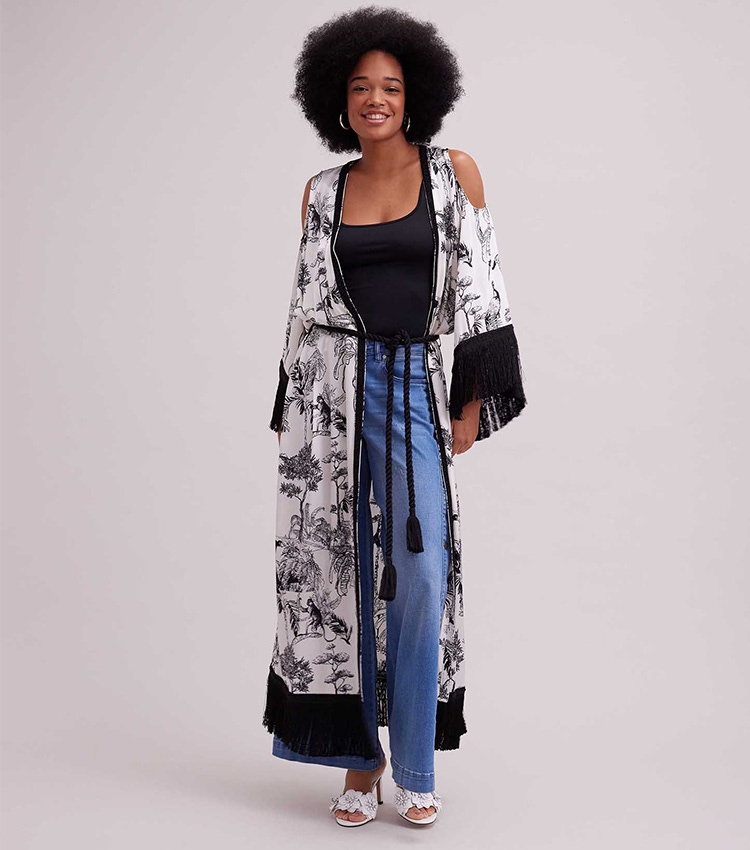 Discover the Croisette Black and White Jungle Printed Kimono Robe With Fringe Trims from designer Anne Fontaine