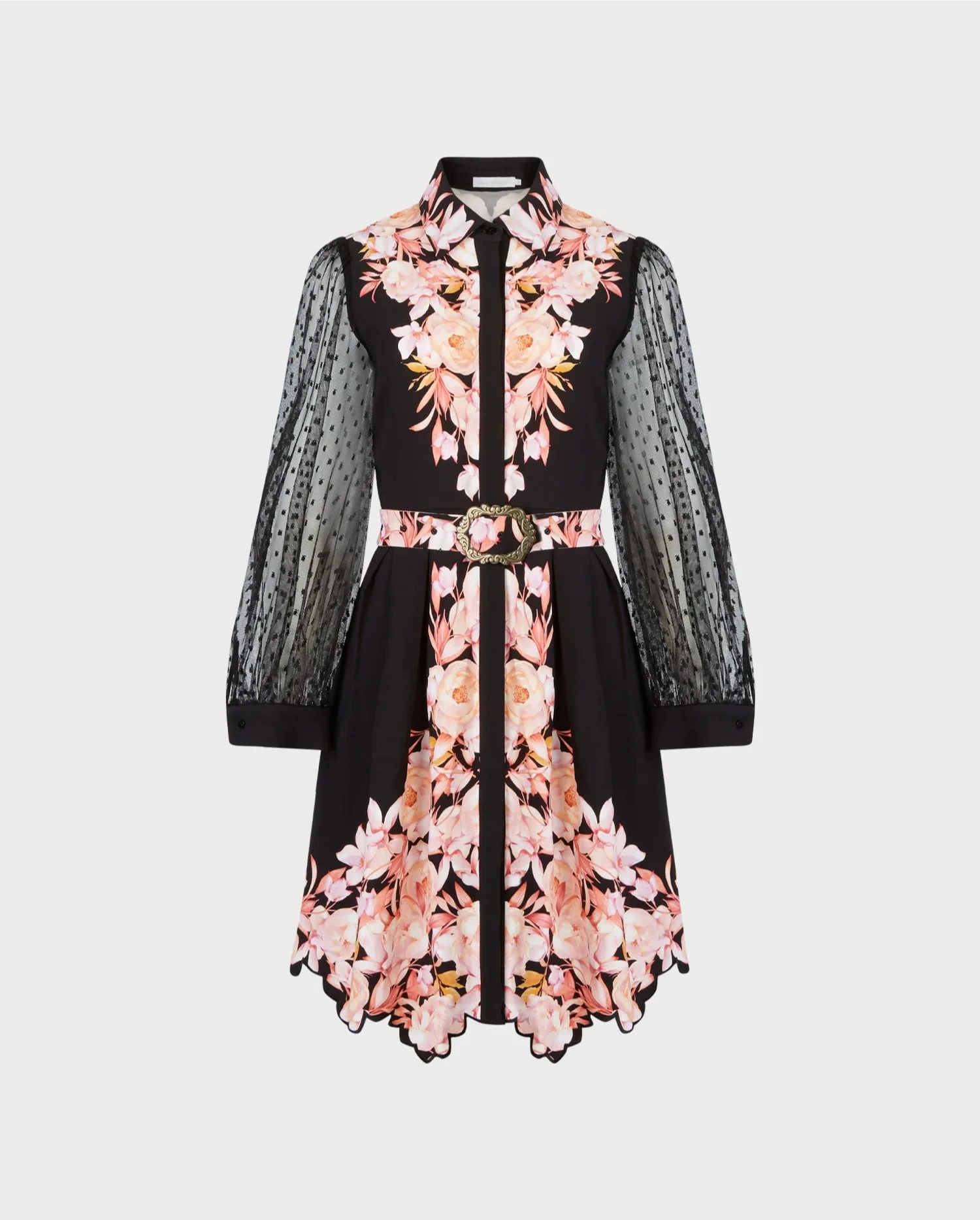 Discover the Josette Black Long Sleeve Midi-Length Dress With Pink Floral Motif from designer ANNE FONTAINE