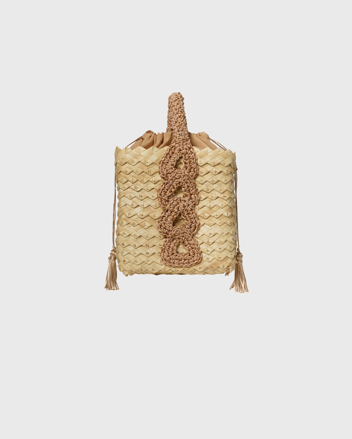 Shop the BIXENTE natural color square bucket handbag with woven handle and drawstring closure from ANNE FONTAINE