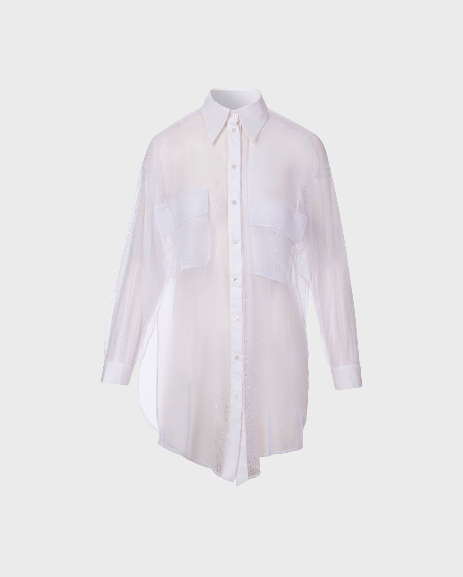 The white sheer BRASILIA shirt is the perfect dynamic silhouette to add to your Parisian chic wardrobe.