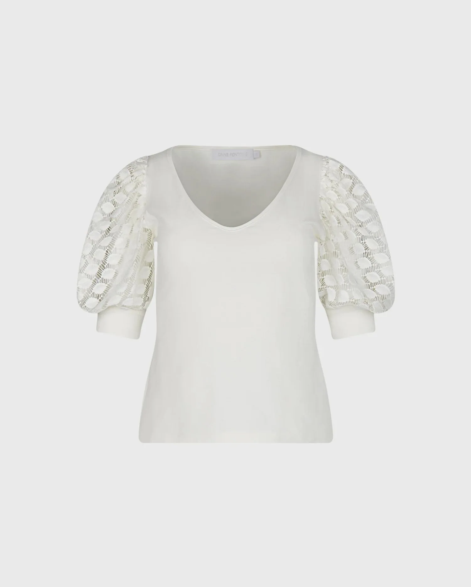 Discover the Brook White V-Neck Short Sleeve Top with White Open Lace Puff Sleeves from designer Anne Fontaine