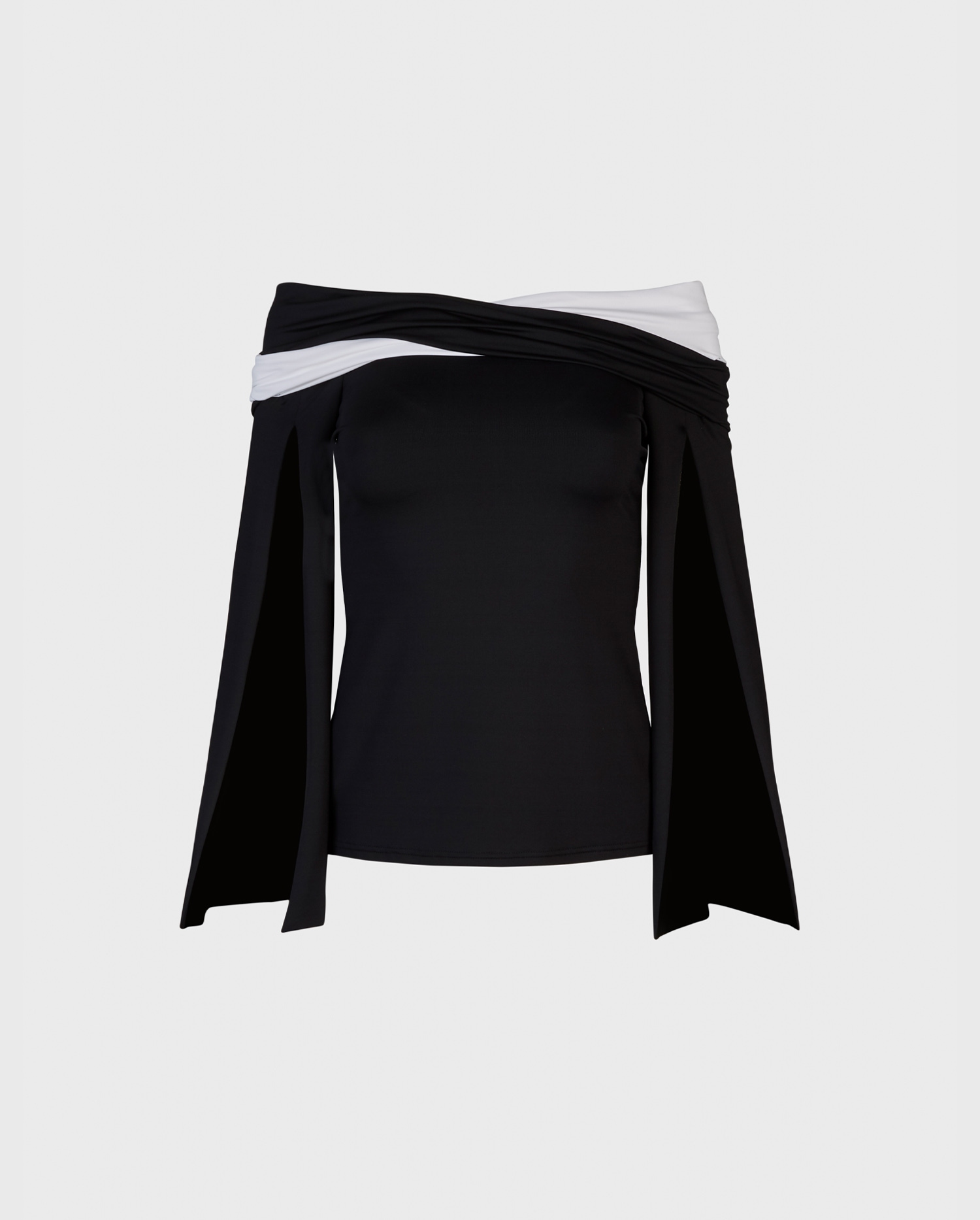 CALI: Off the shoulder black and white stretch top with split sleeves