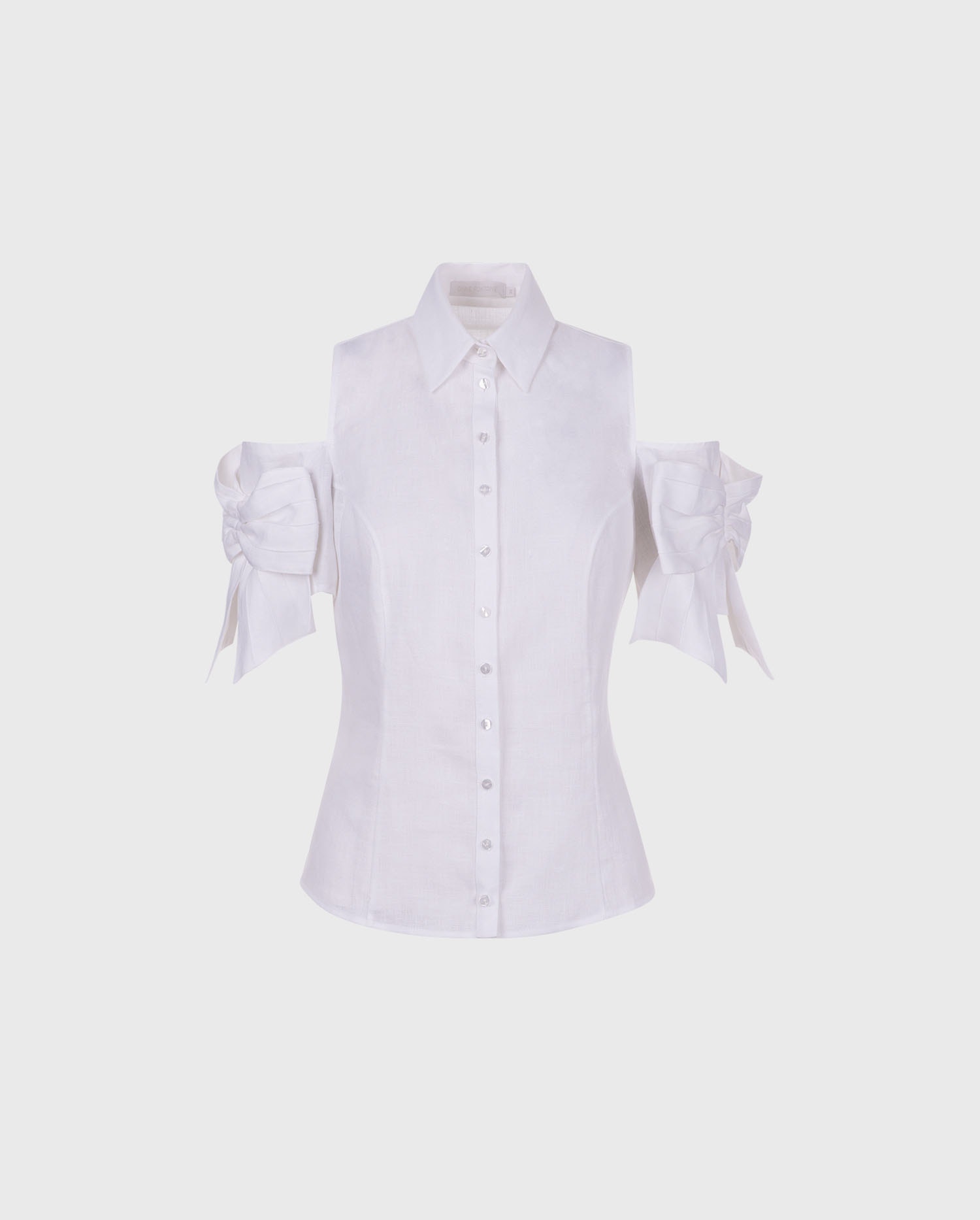 Explore the CALLA fitted white linen button down shirt with cold shoulder and intricate bows sleeves from ANNE FONTAINE