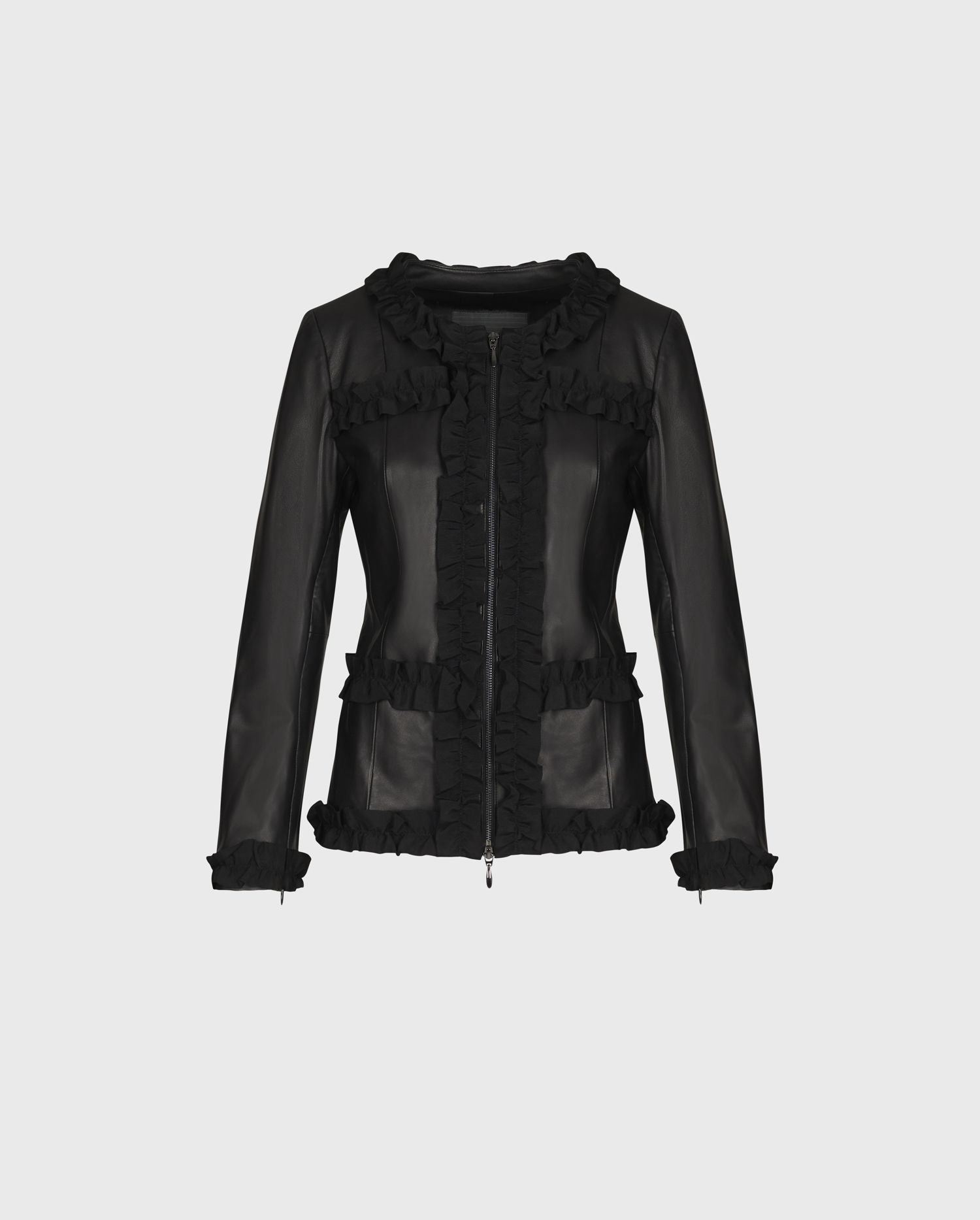 Rocker chic takes center stage this season with CARTER - a leather jacket with a feminine ruffle trim.