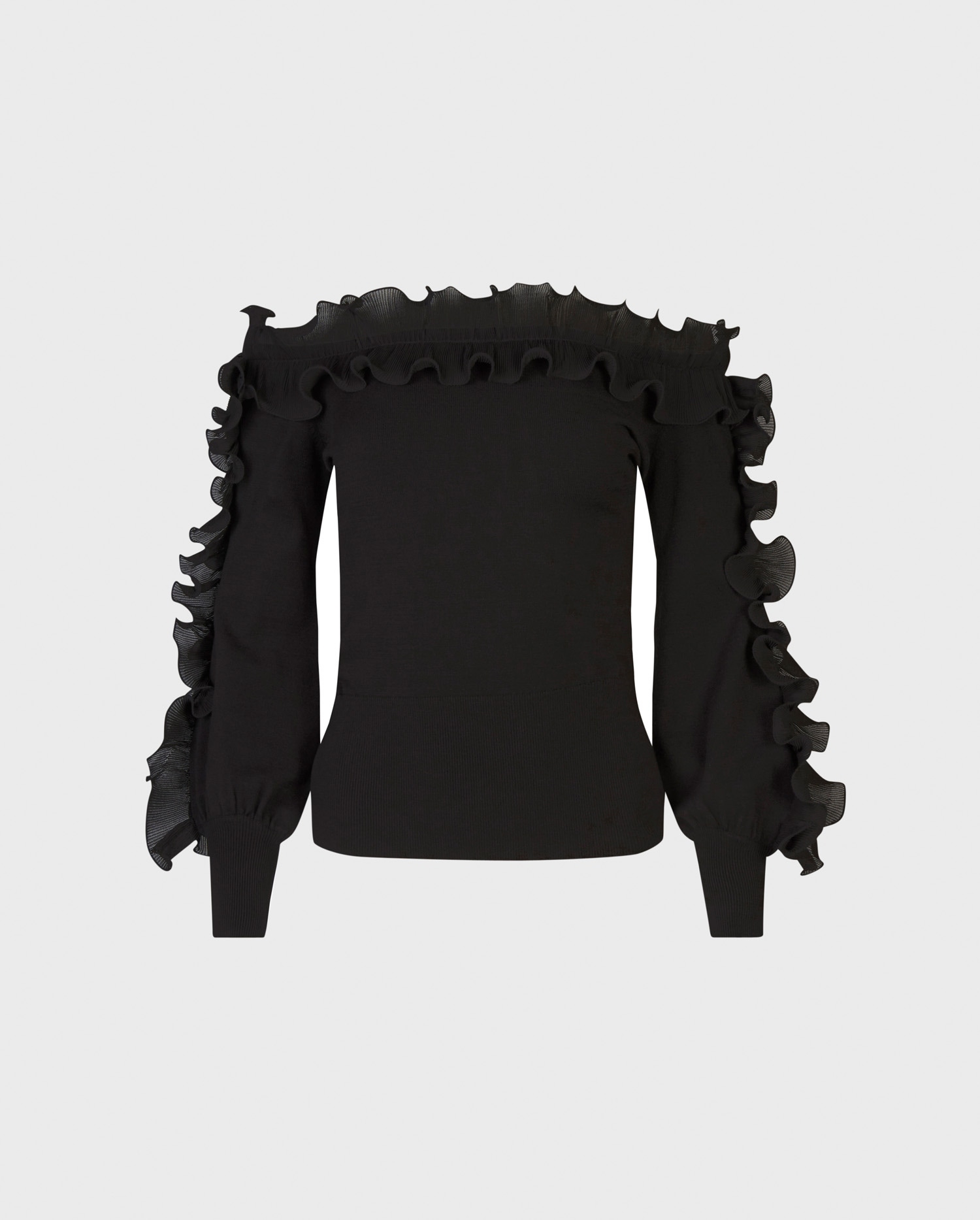 CATANE-BLACK: Long sleeve off the shoulder black pullover knit with black ruffle details