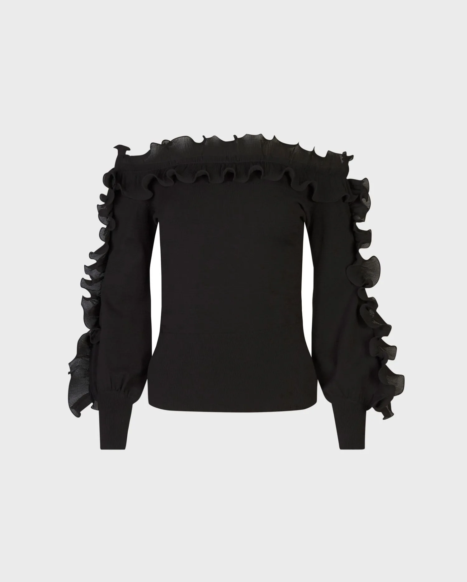 Discover the CATANE Long Sleeve Black Pullover Knit With Black Ruffle Details by designer ANNE FONTAINE