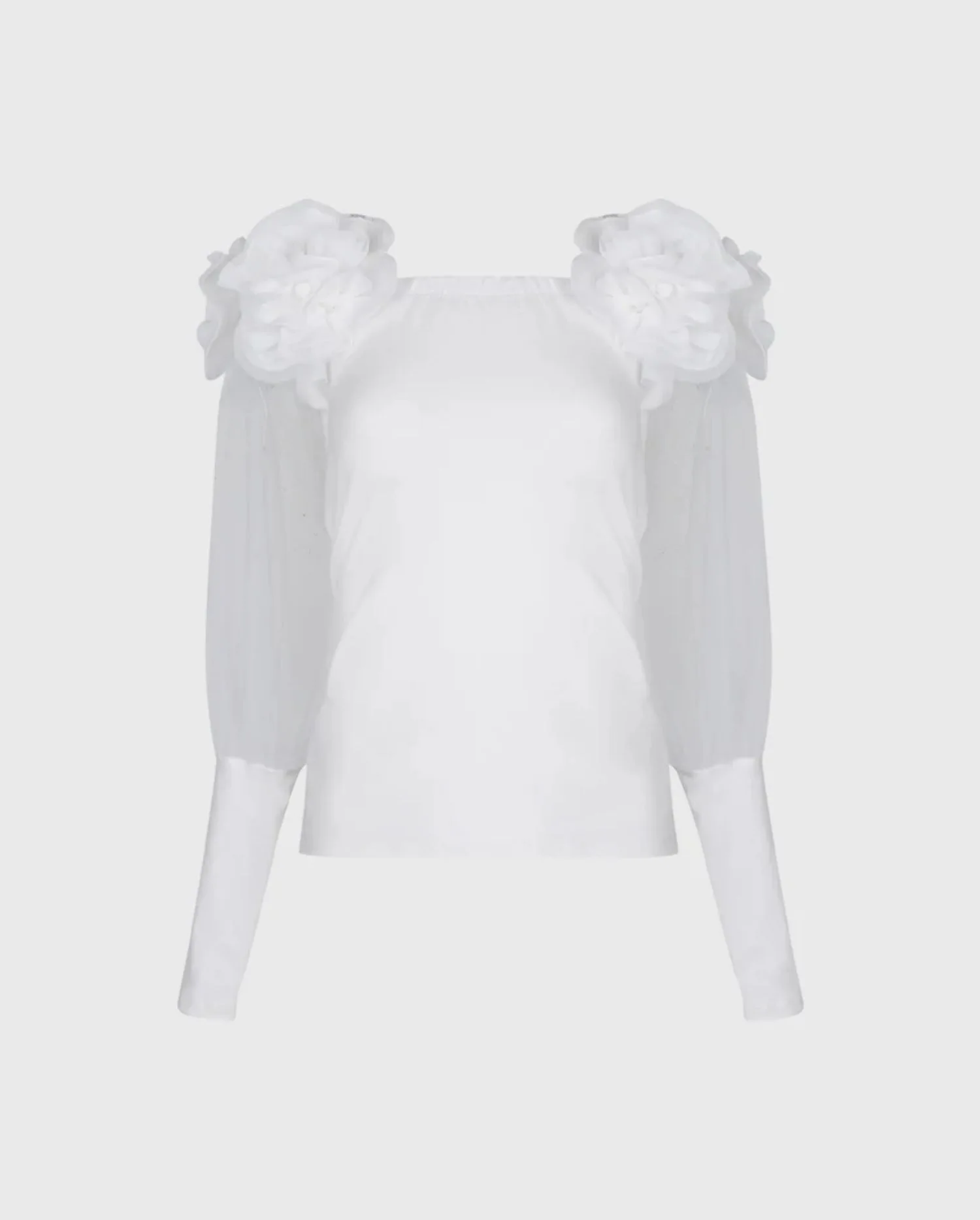 Discover the KAJA White Pullover Top Featuring Floral Appliqué and Transparent Long Sleeves by designer ANNE FONTAINE