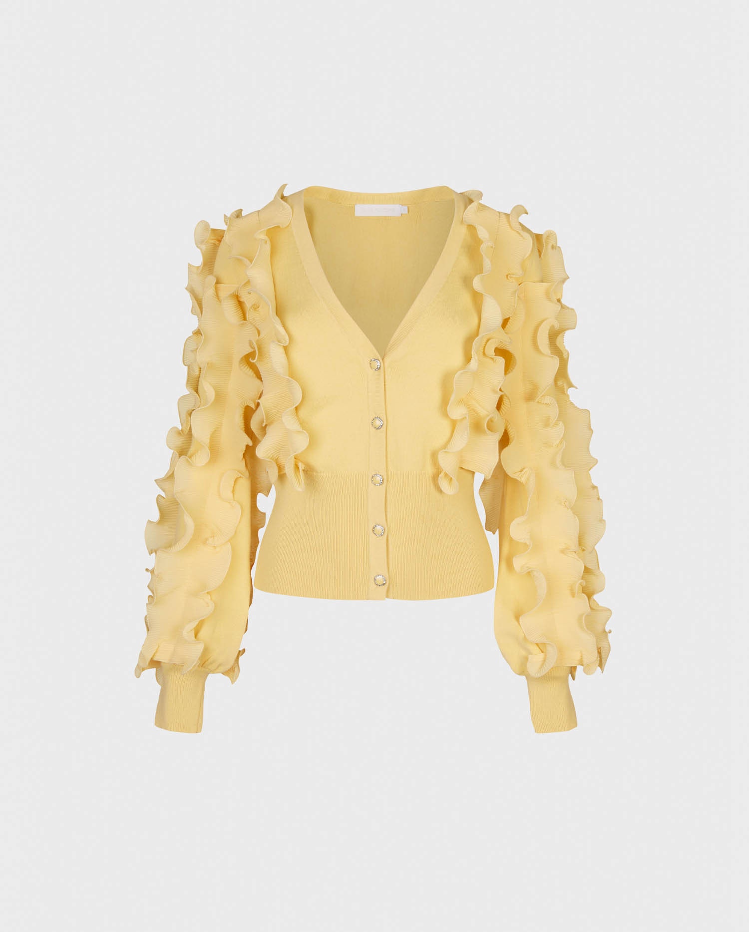 Explore the CILINE Long sleeve statement ruffle cardigan with jeweled button details in mimosa color from ANNE FONTAINE