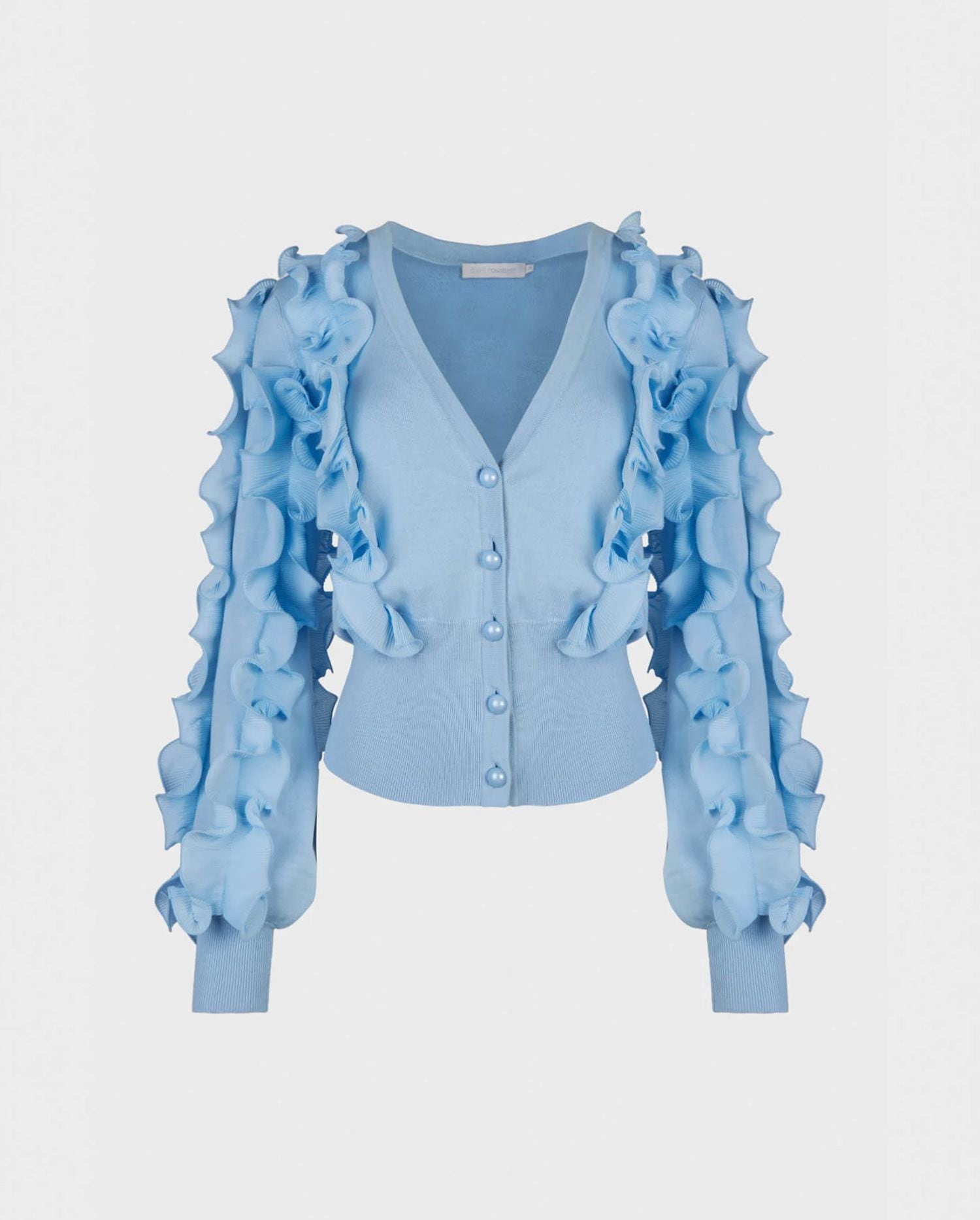 Discover the CILINE Blue Long Sleeve Ruffle Covered Cardigan With Deep V-Neckline from designer ANNE FONTAINE