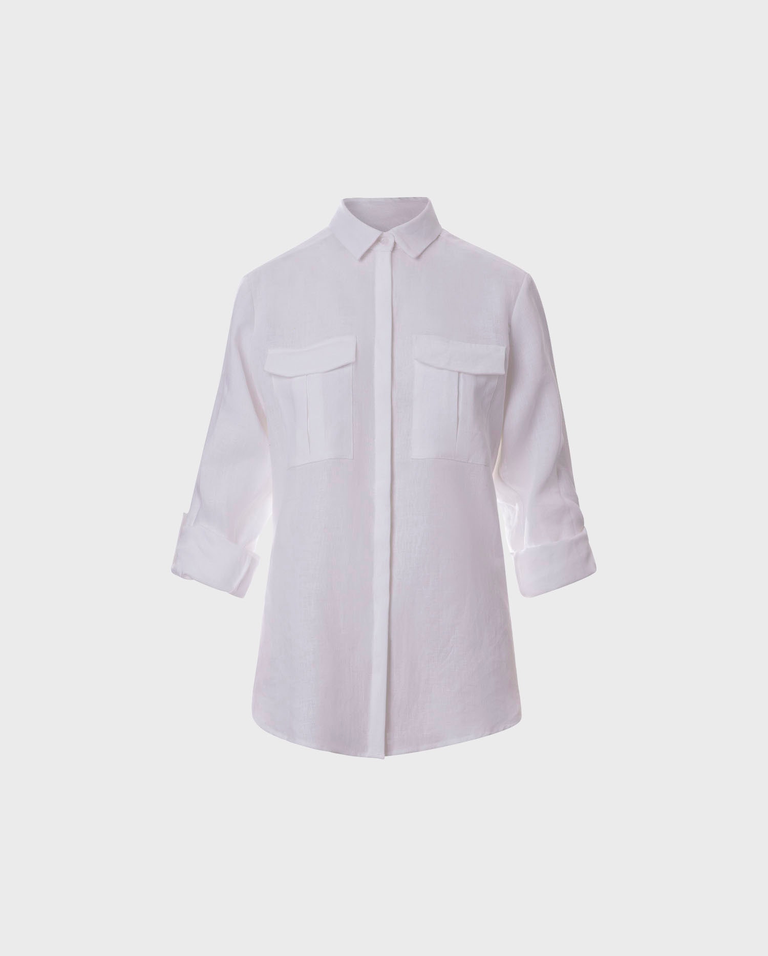  Explore the COME white button down linen shirt with flap pockets and concealed placket from ANNE FONTAINE