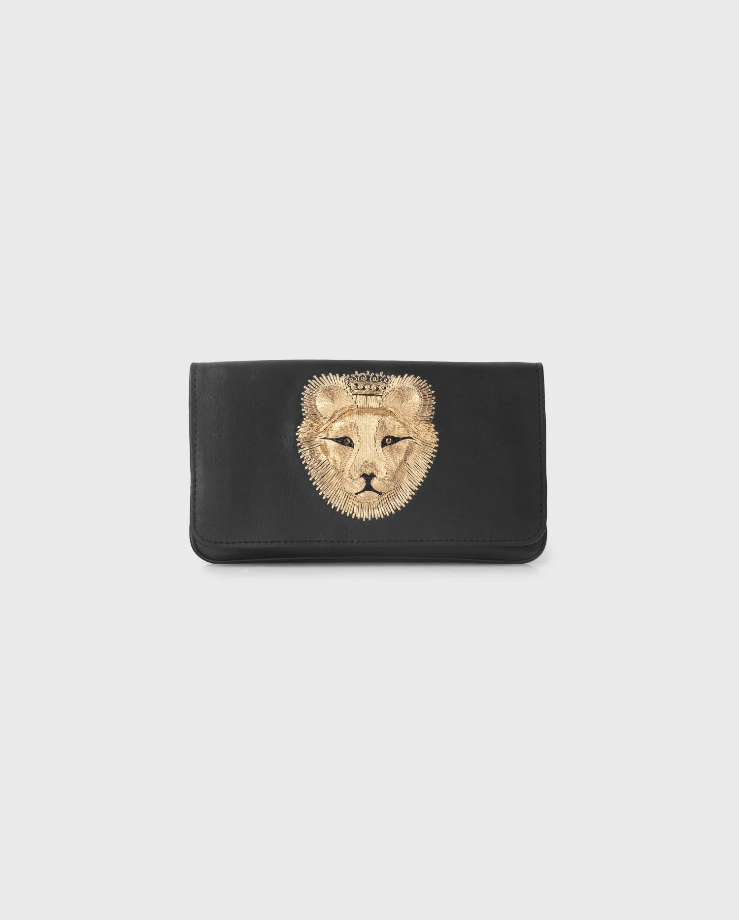 Discover the Curious Small Black Leather Bag With Embroidered Lions Face in Gold from designer ANNE FONTAINE