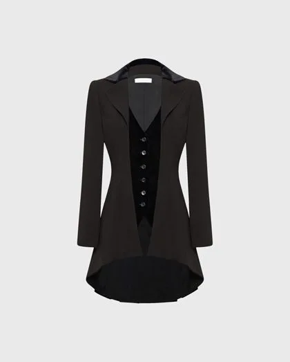 The black EMRYS coat with built in velvet vest provides a look of everlasting chic.