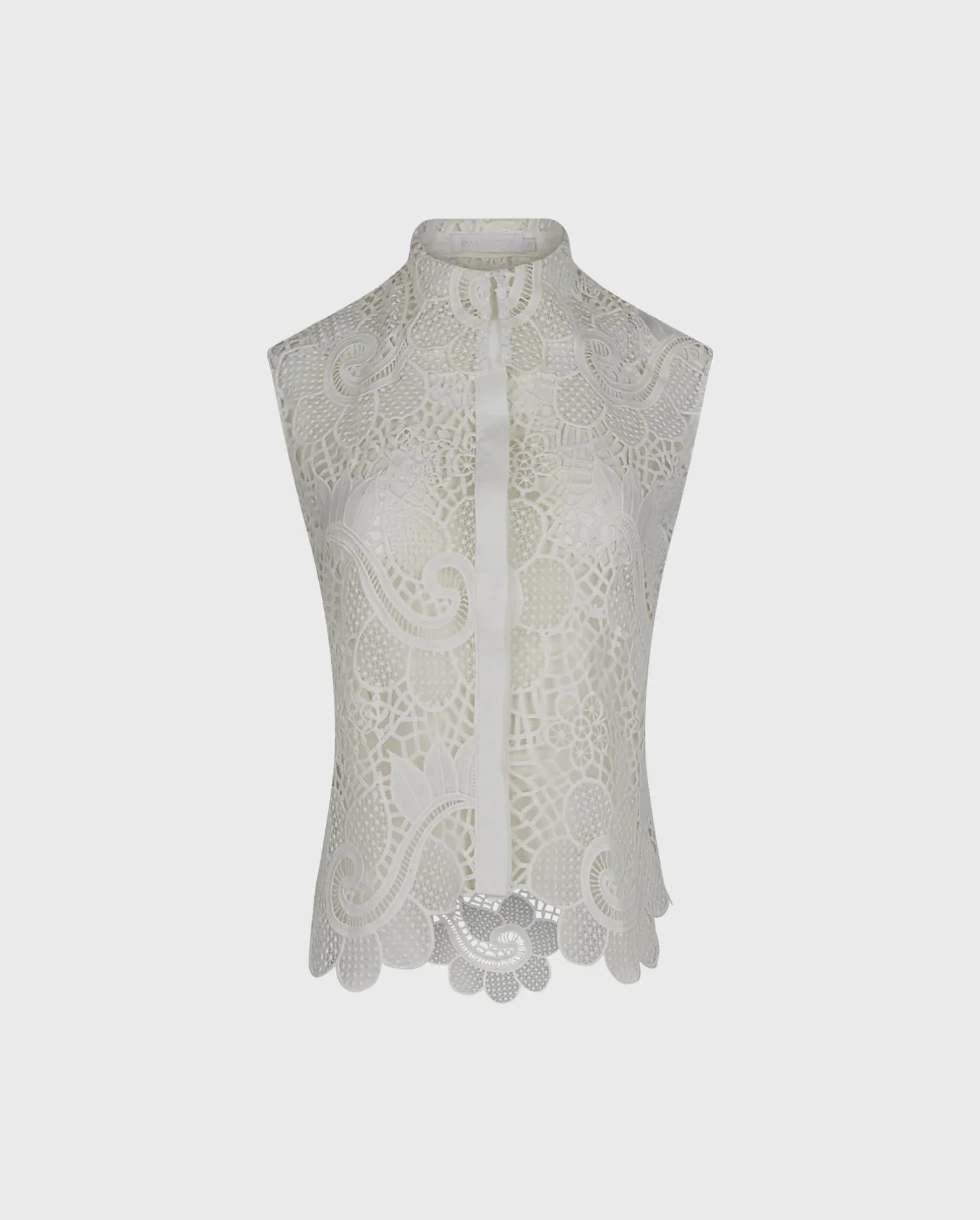 Discover the Ena Sleeveless White Lace Sheer Button Down Shirt with Scalloped Hem from designer Anne Fontaine