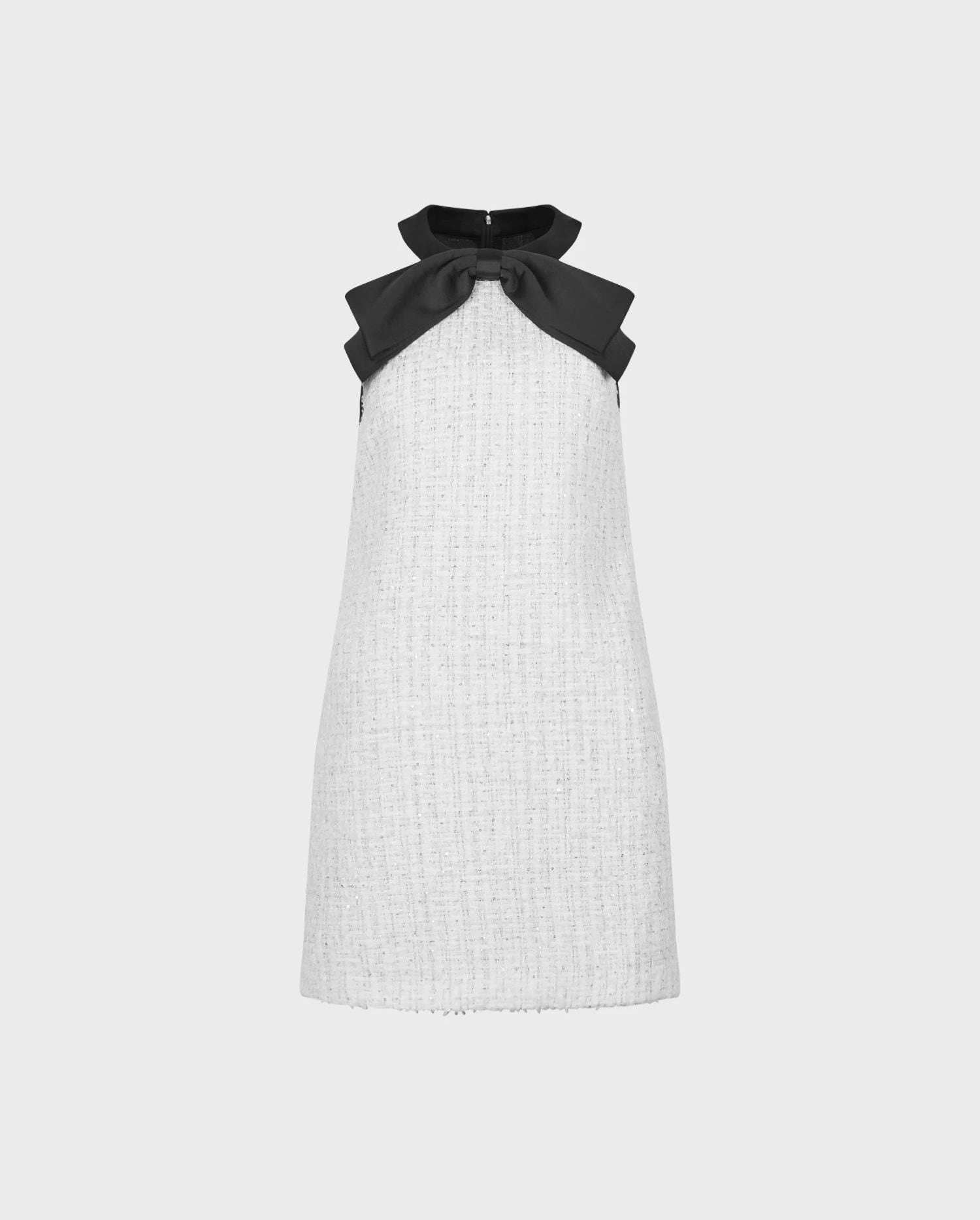Discover the Fabiena White & Silver Tweed Halter Style Dress With Black Satin Trim from designer ANNE FONTAINE