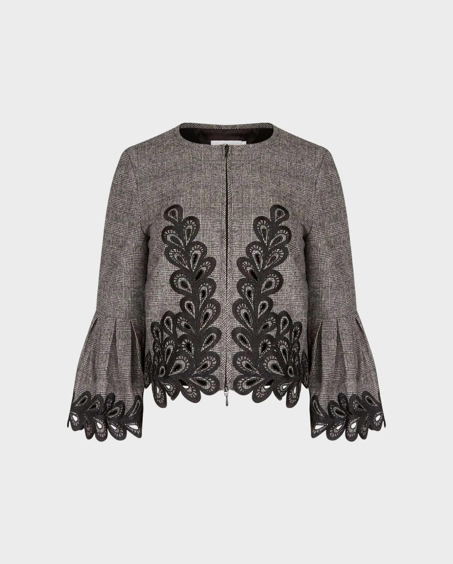 Discover the Ange Grey Designer Jacket with Pleated Ruffle Cuffs and Embroidered Detailing by designer ANNE FONTAINE