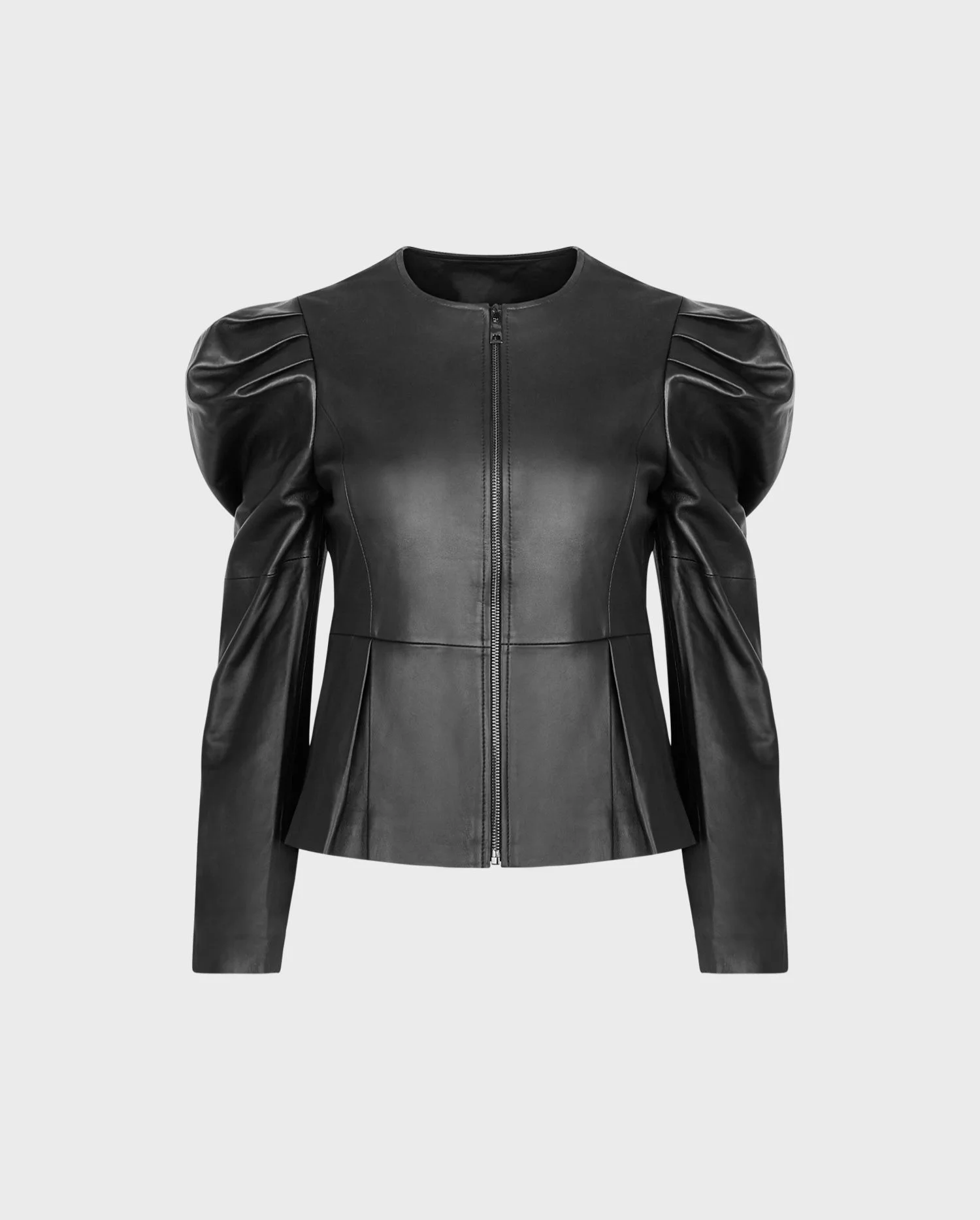 Discover the Julie Black Lambskin Designer Leather Jacket With Puff Shoulders & Peplum Pleated Waist by designer ANNE FONTAINE