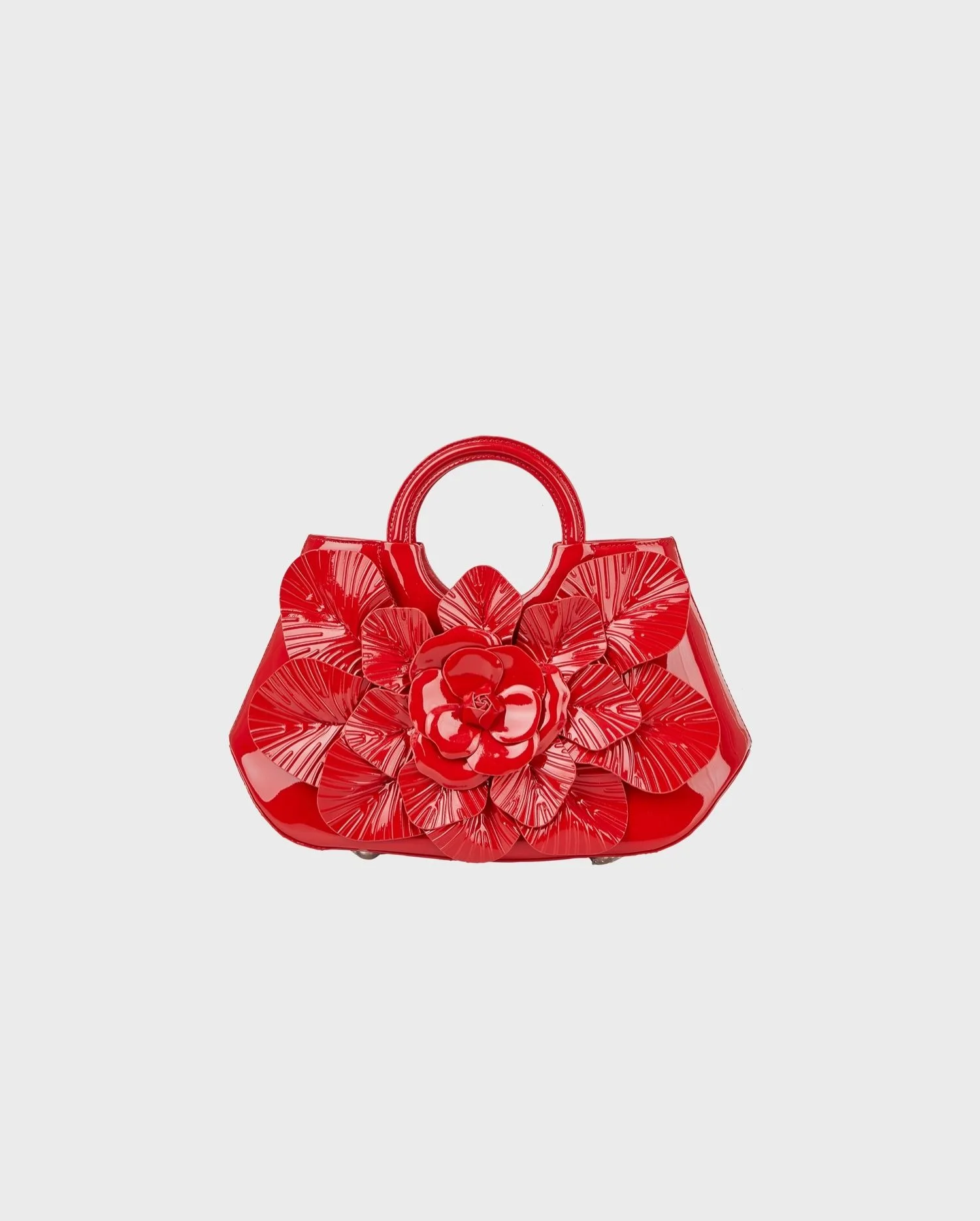 Discover the Scarlett Ruby Red Patent Leather Mid-Size Handbag with Sculpted Flower by designer ANNE FONTAINE