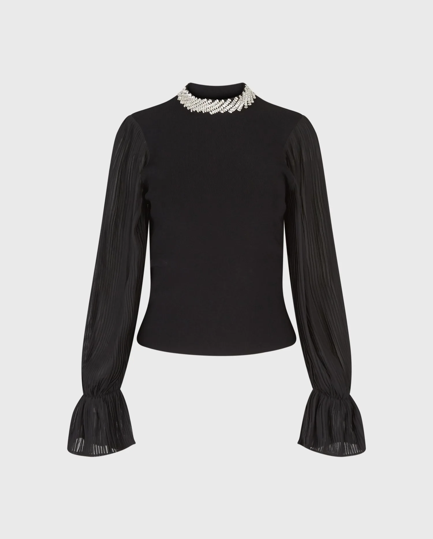 Discover the Brianca Black Knit Pullover with Crystal Neckline & Sheer Pleated Sleeves by designer ANNE FONTAINE