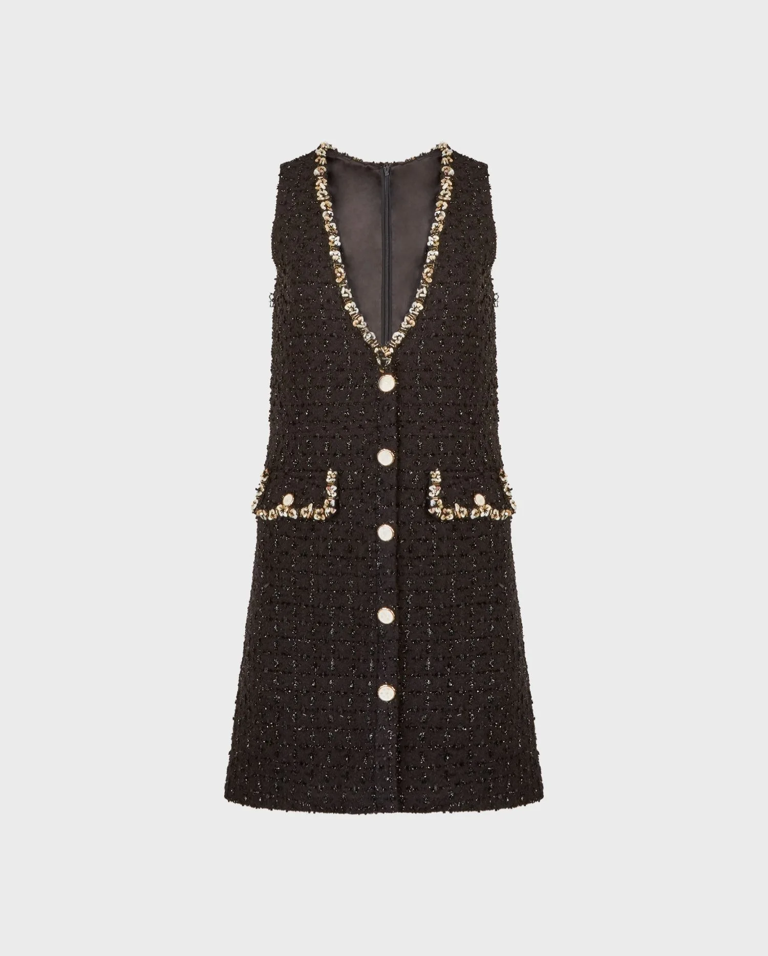 Discover the Damiena Sleeveless Black Tweed Dress With Shell-inspired Trim by designer ANNE FONTAINE
