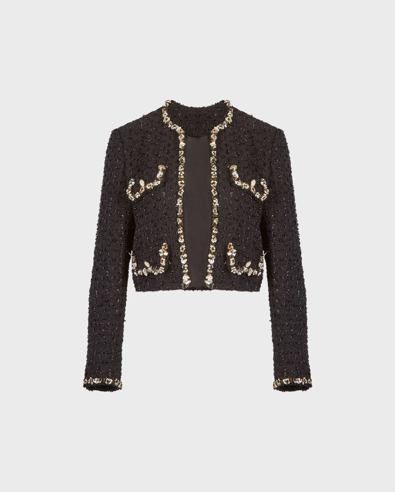 Discover the Juliena Black Tweed Cropped Jacket With Beaded Shell Trim by designer ANNE FONTAINE