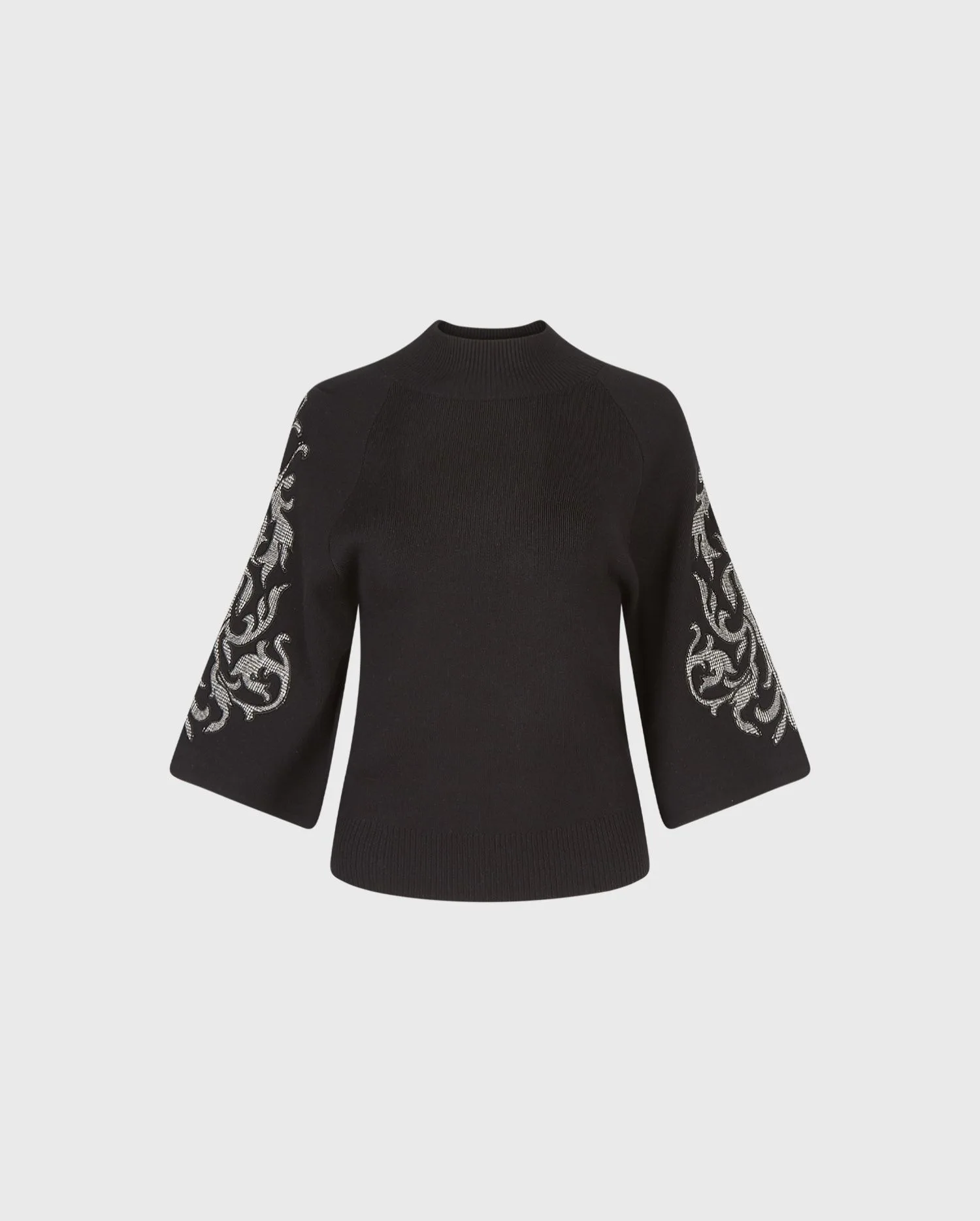 Discover the Geri Black Knit Pullover with Bell Sleeves and Plaid Appliqué by designer ANNE FONTAINE