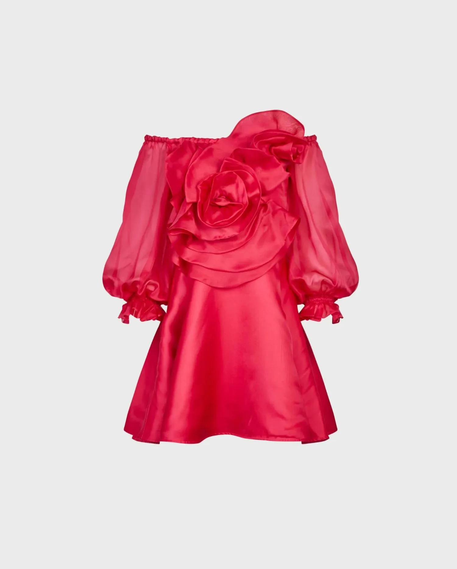 Discover the Floralie Fuchsia Off-the-Shoulder Silk Organza Dress With Large 3D Rose from designer ANNE FONTAINE