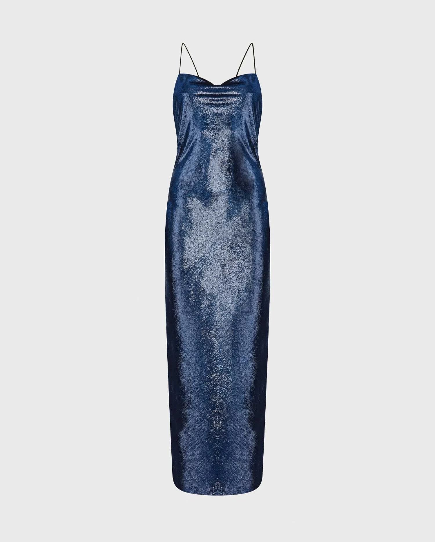Discover the FRESQUE Metallic Blue Faux Ponyhair Texture Column Dress from designer ANNE FONTAINE