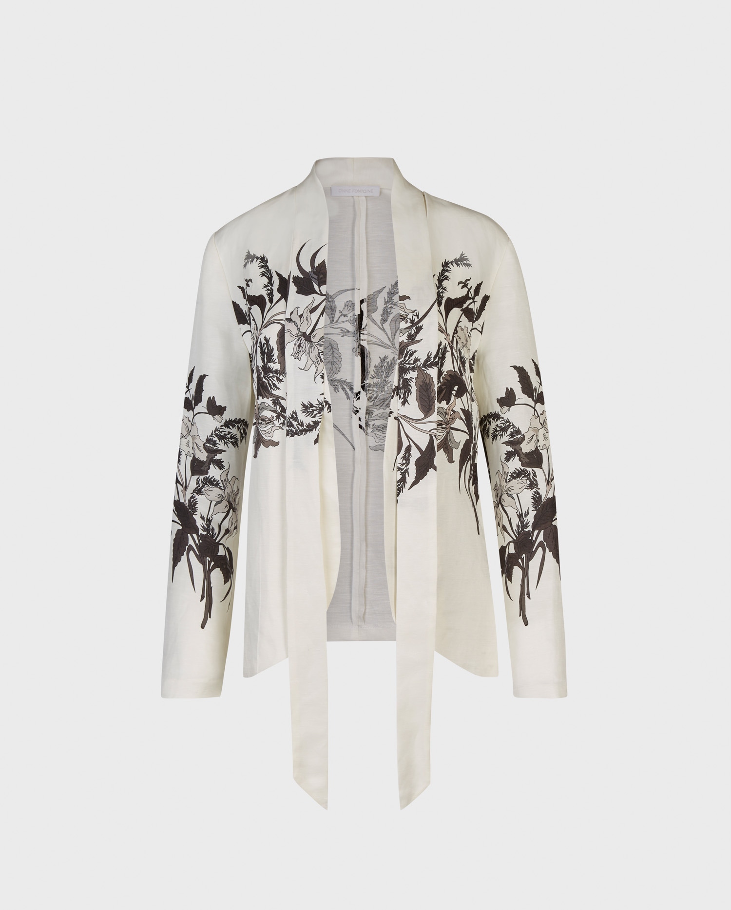 Explore the new GARAZI Off white linen long sleeve white open front jacket with black floral design from ANNE FONTAINE