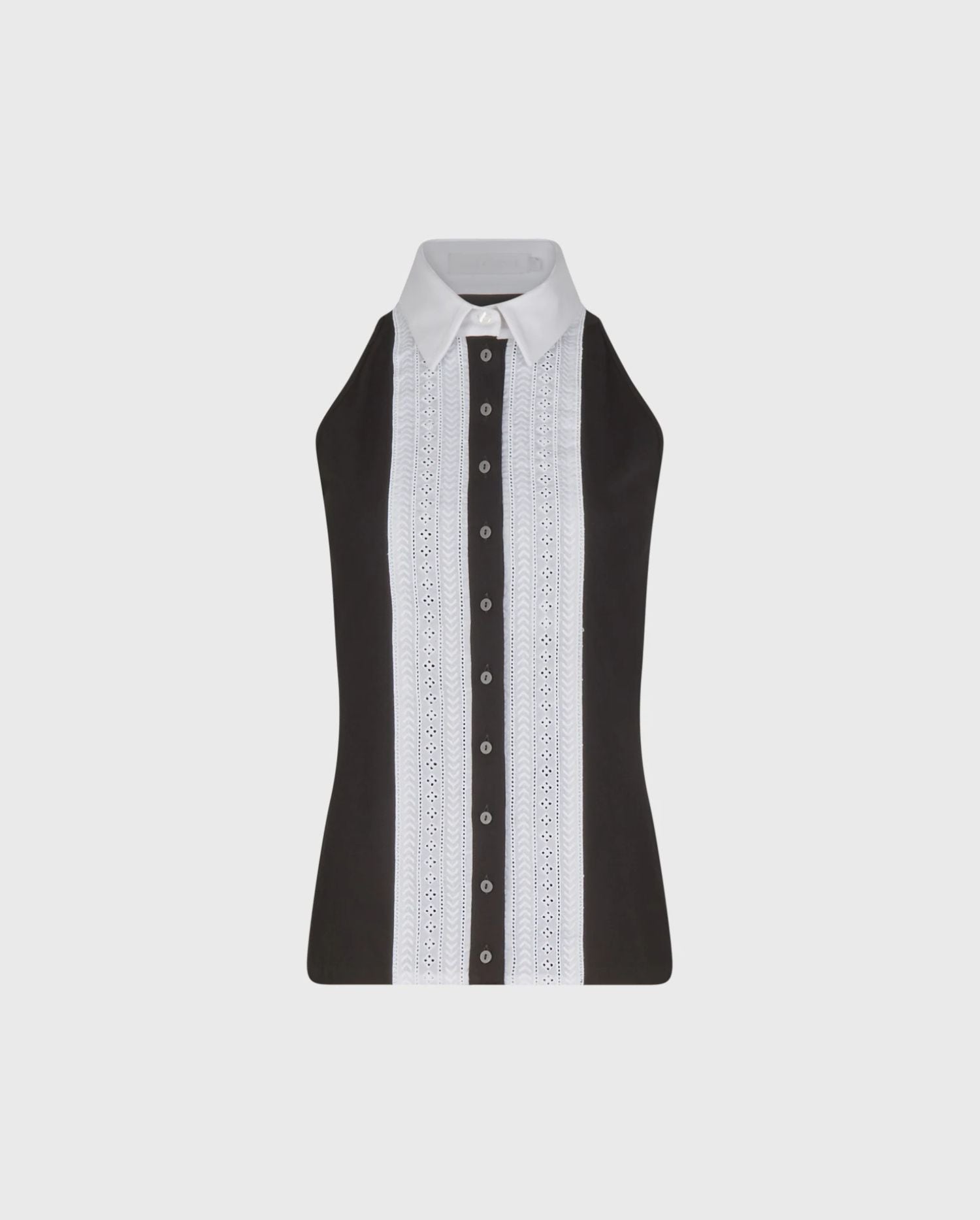 Discover the Gina Black and White Sleeveless Shirt With Lace Ribbon Insert and Point Collar from designer ANNE FONTAINE