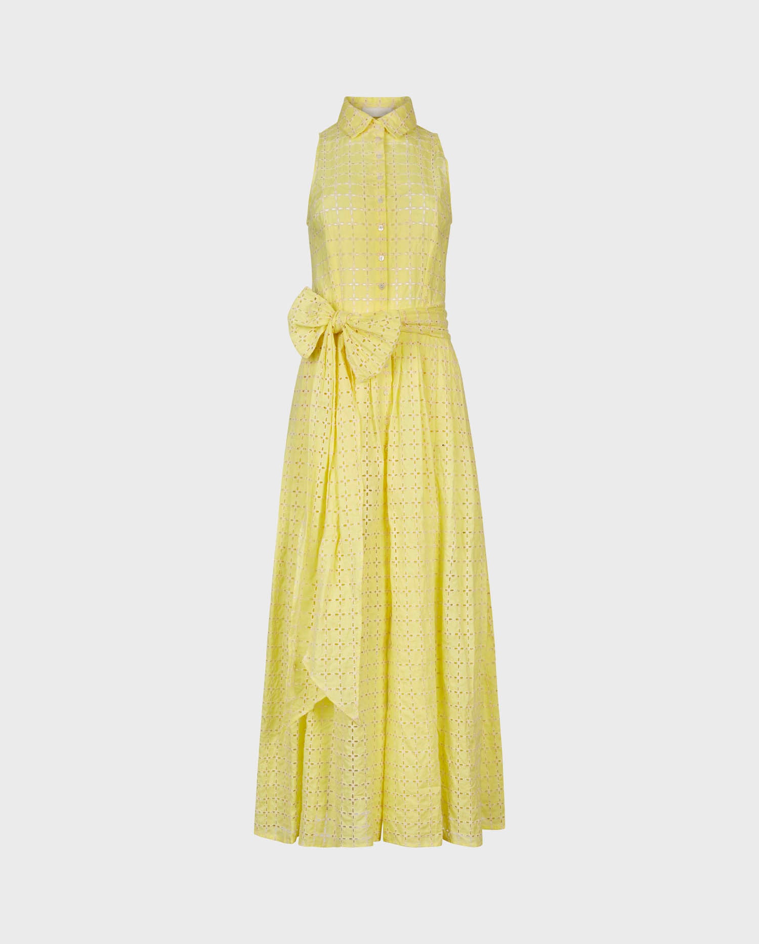 Mimosa embroidered full length sleeveless poplin-cotton button down maxi dres with remove tie waist belt 