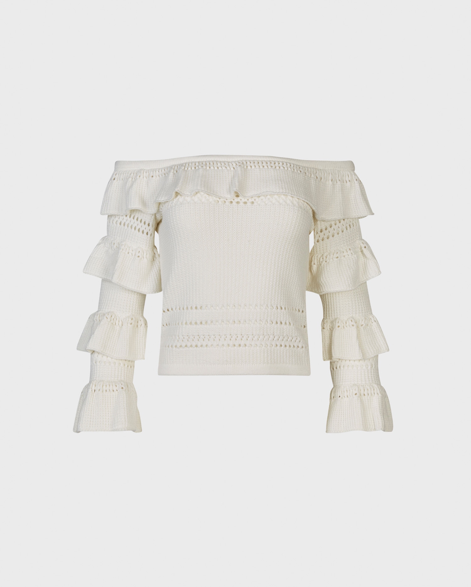 Shop the JORITZ off the shoulder white knit top with tiered ruffle sleeves from ANNE FONTAINE