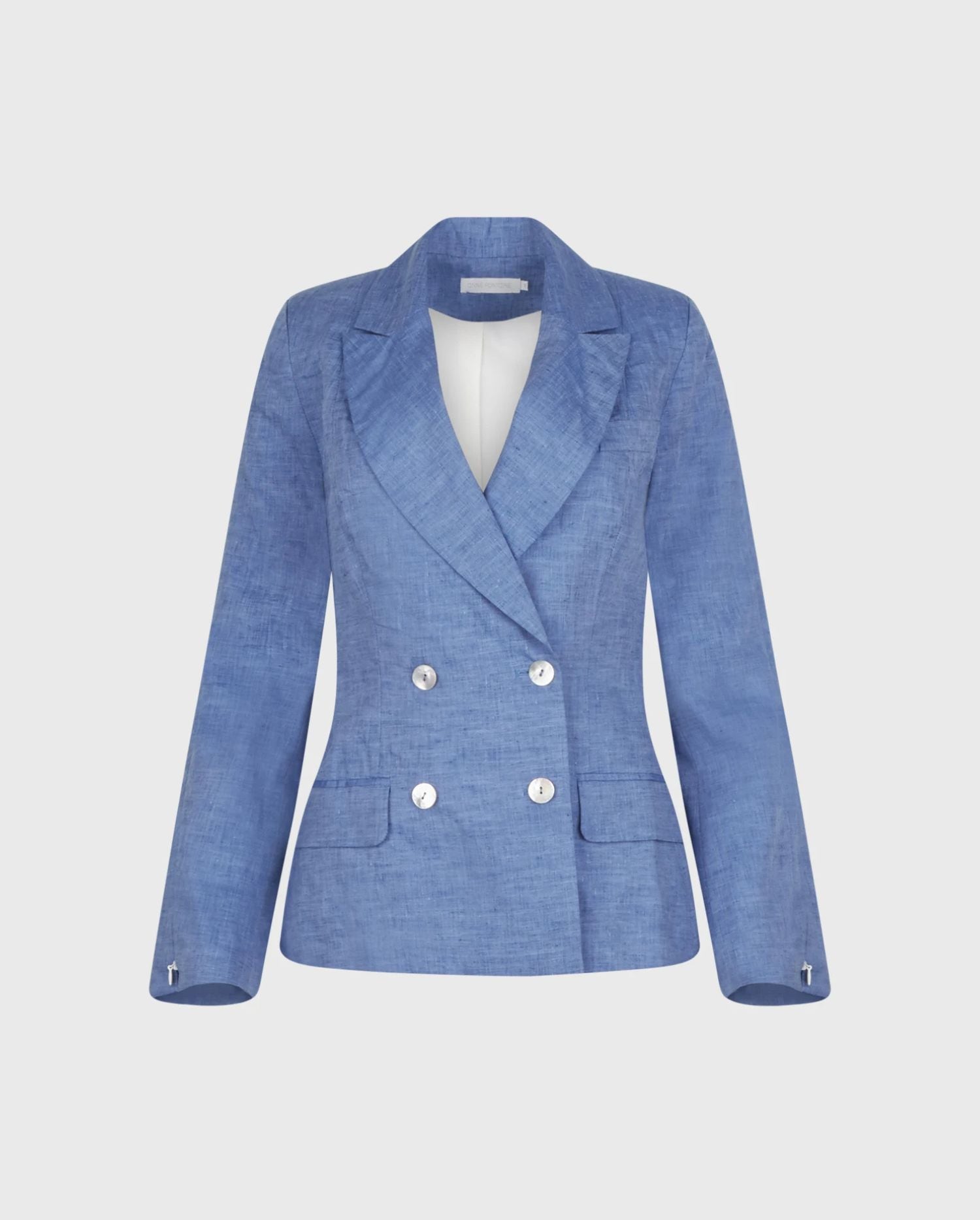 Discover the Kamilly Chambray Blue Linen Structured Blazer With Pearl Buttons And Zippered Sleeves from designer ANNE FONTAINE