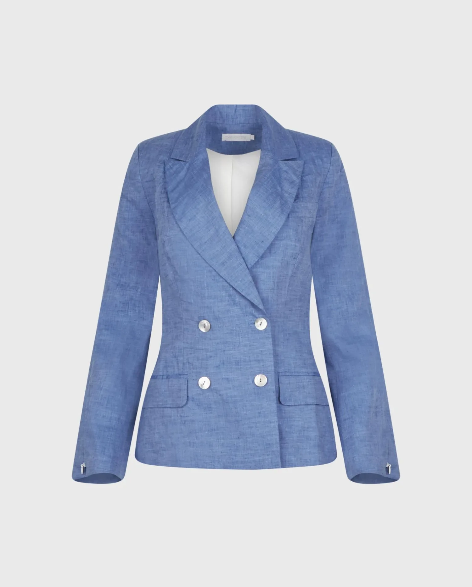 Discover the Kamilly Chambray Blue Linen Structured Blazer With Pearl Buttons And Zippered Sleeves from designer ANNE FONTAINE