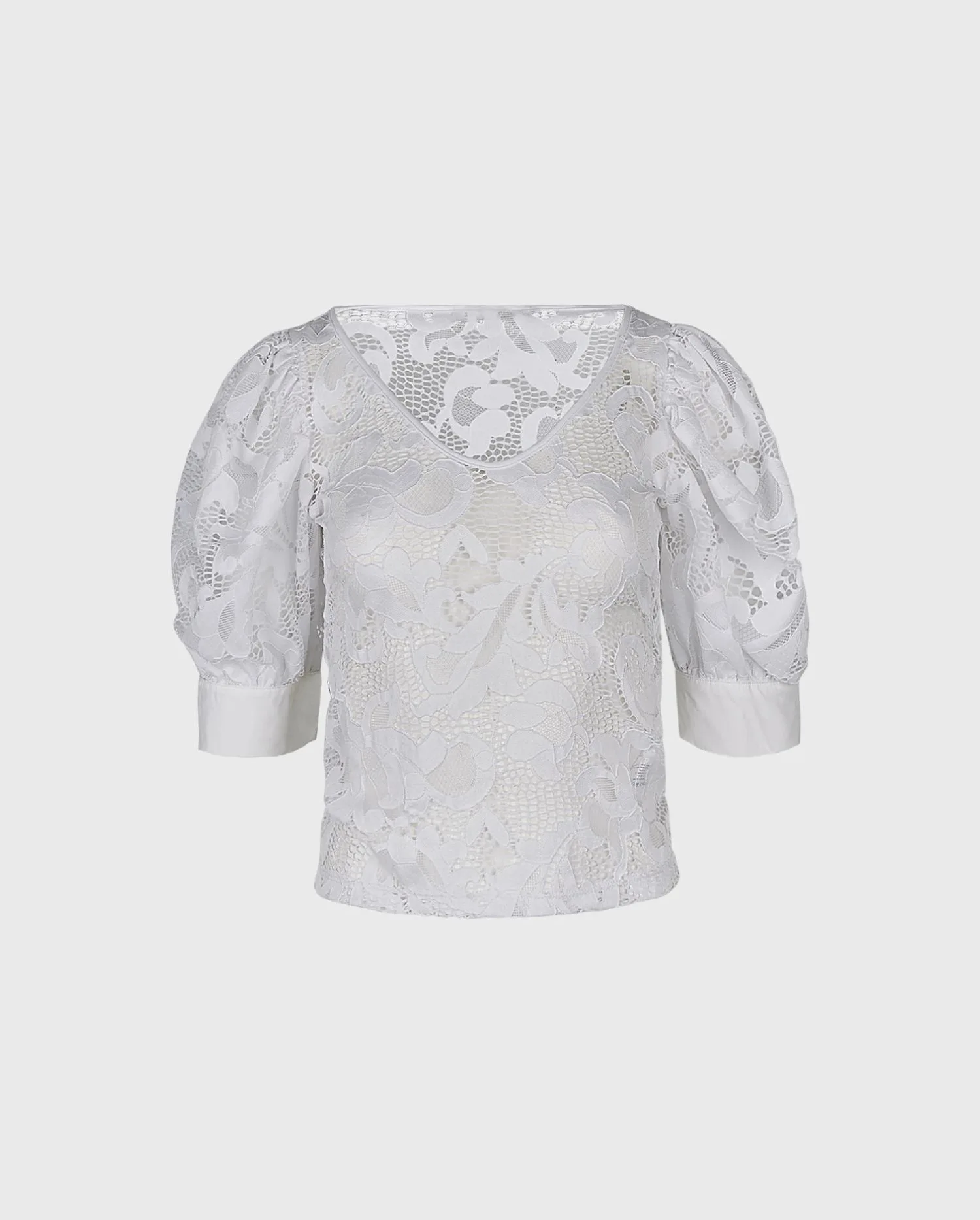 Discover the Katia White Open Lace Work V-Neck T-Shirt With Puff Sleeves and Poplin French Cuffs designer ANNE FONTAINE