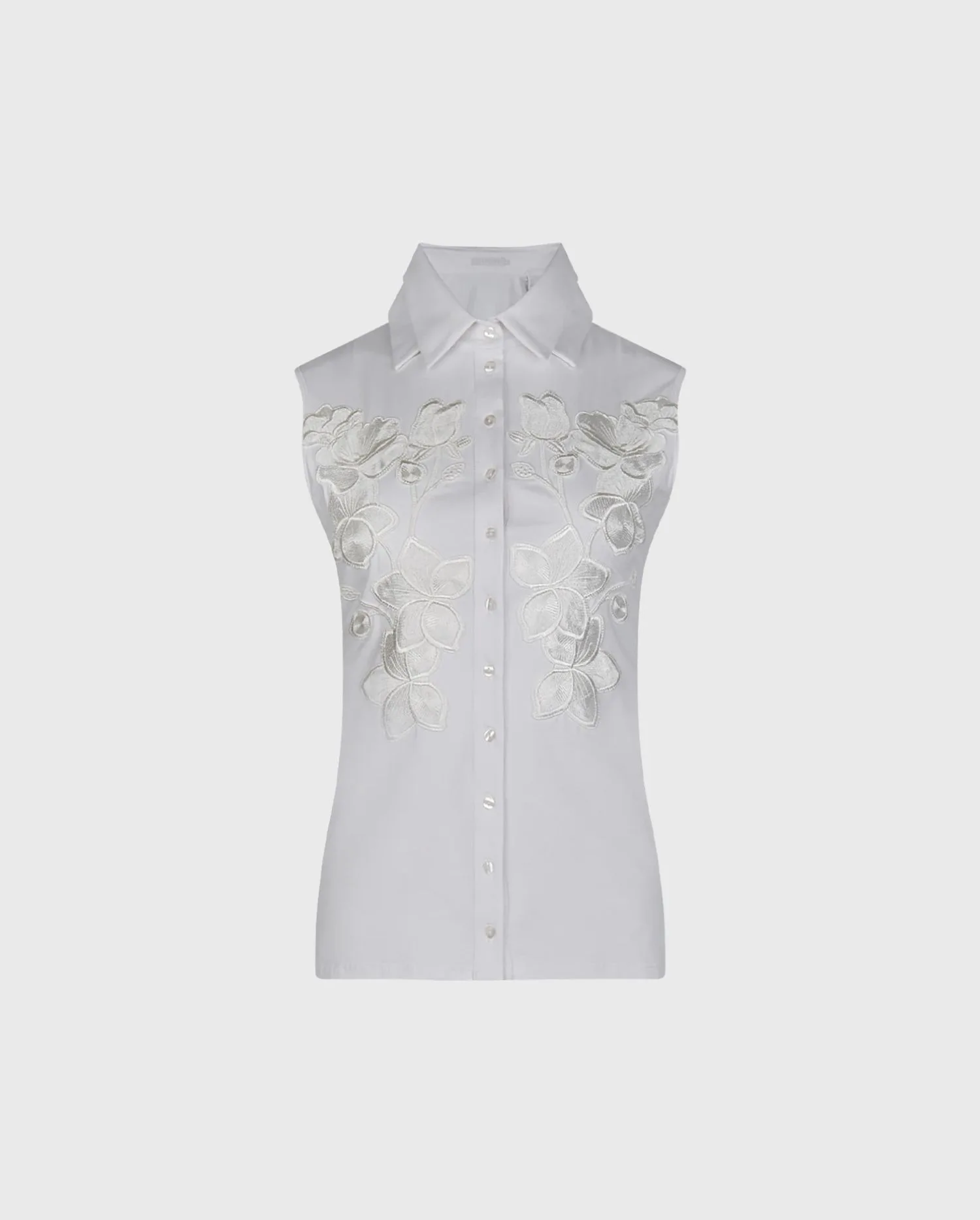 Discover the LICIA Sleeveless White Pima Jersey Cotton Shirt with Embroidered Floral Design from designer ANNE FONTAINE