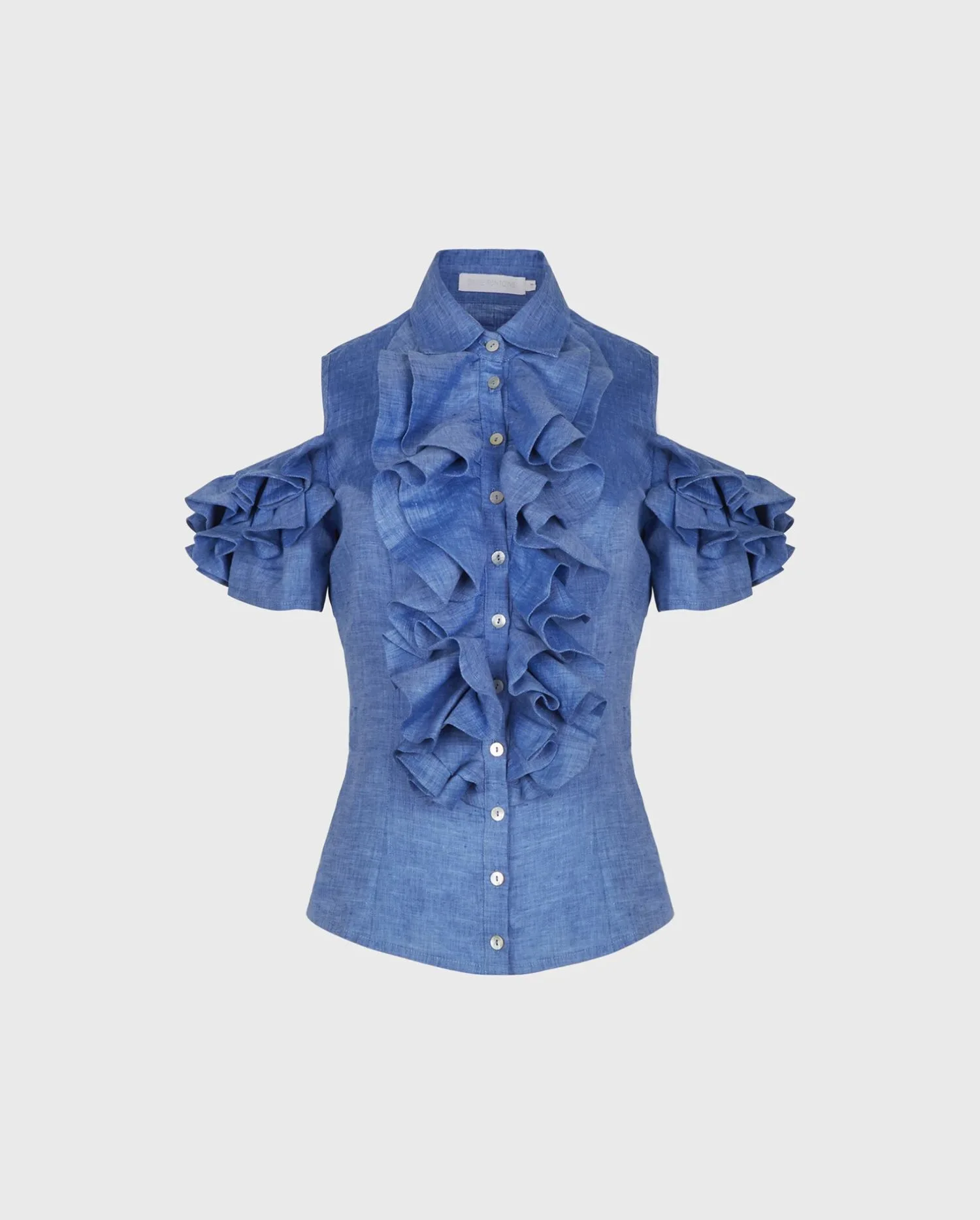 Discover the Loretta Blue Linen Shirt With Cold Shoulder, Covered Ruffle Placet And Corset Back from designer ANNE FONTAINE