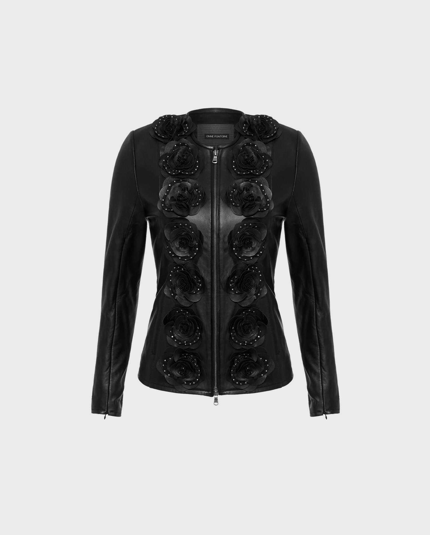 Shop the LORYNA black leather jacket with front flowers from ANNE FONTAINE