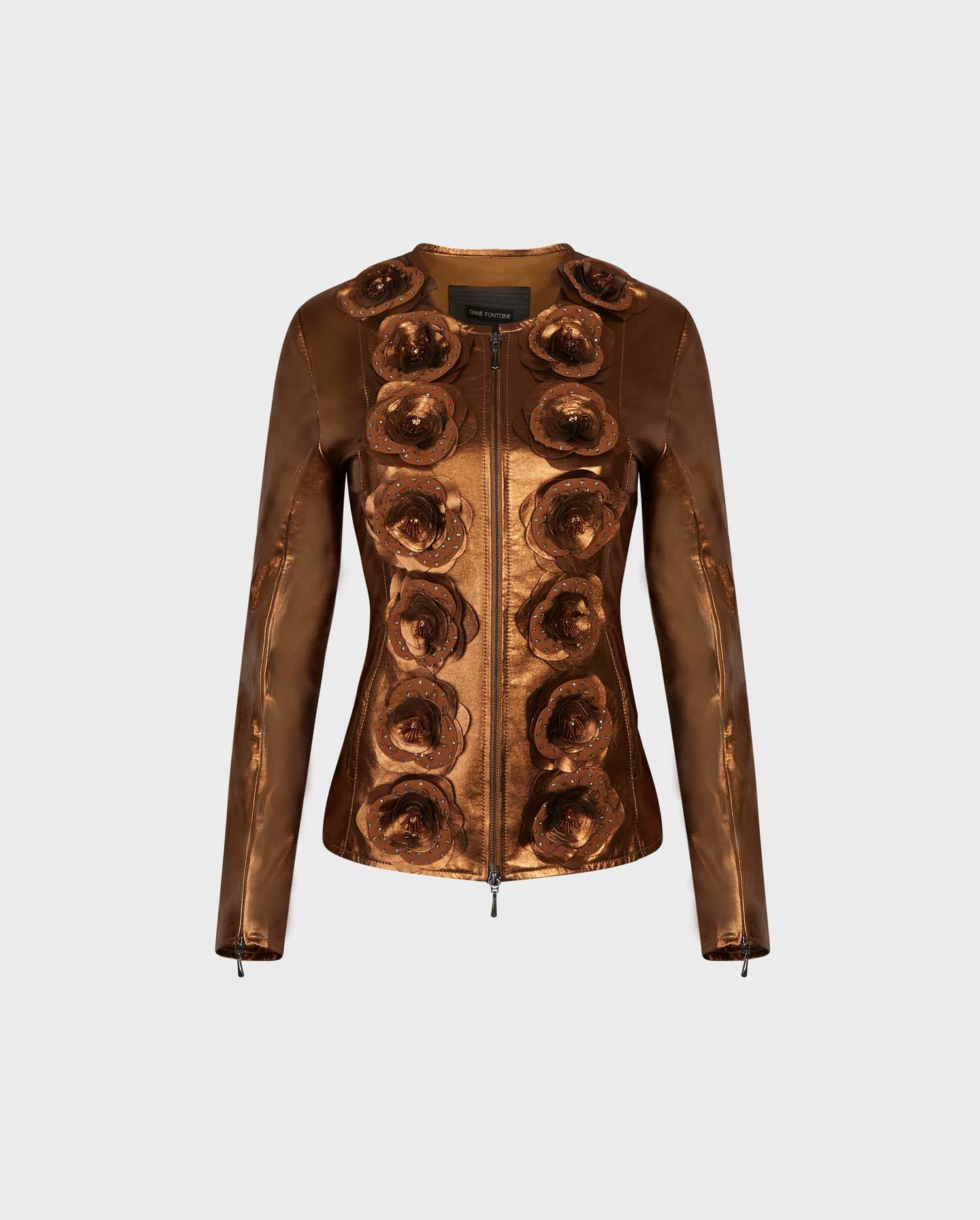 Shop the Bronze Loryna Leather Jacket With Floral Details from designer Anne Fontaine