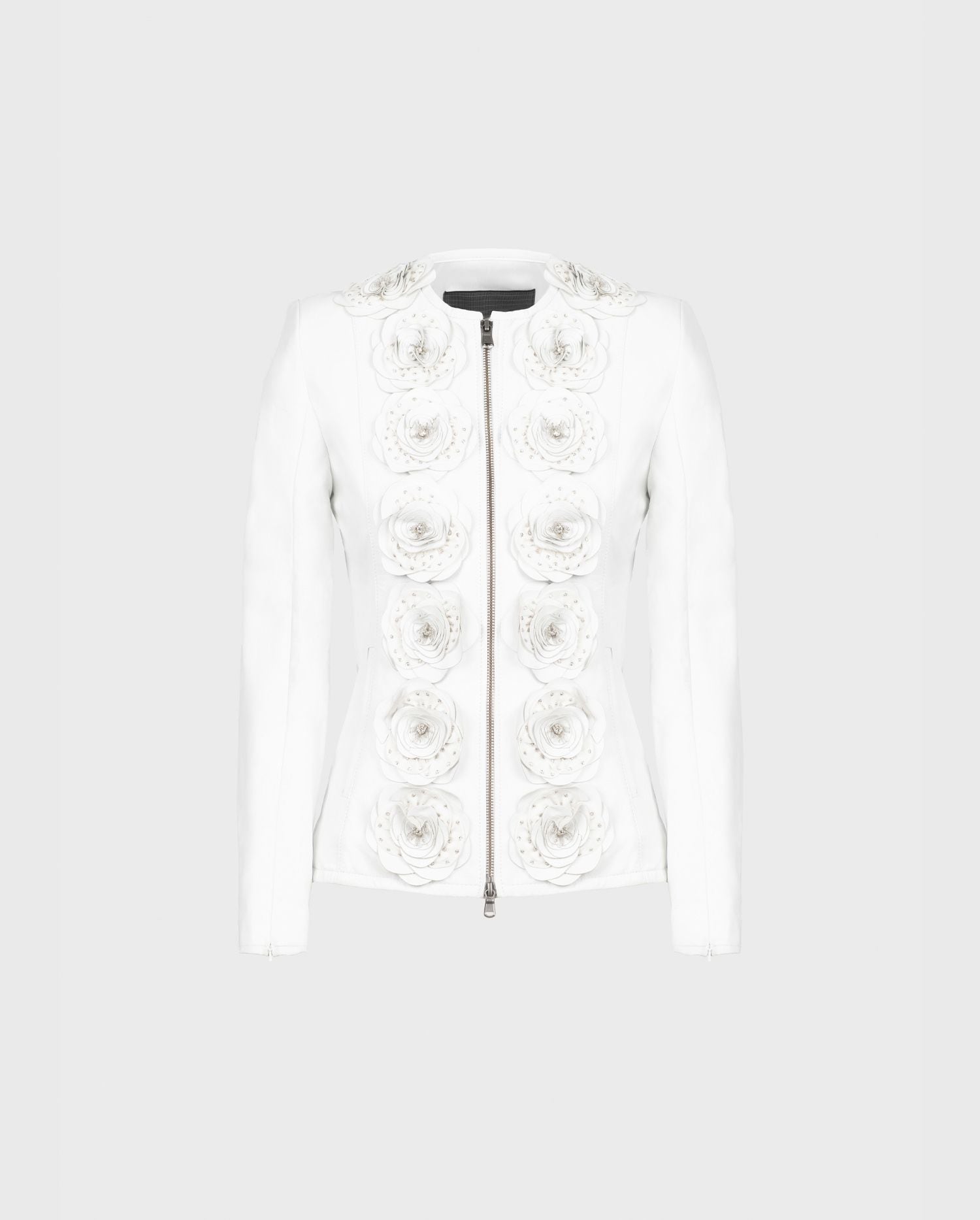 The LORYNA white leather jacket with floral detail is the perfect additional to your rocker chic style.