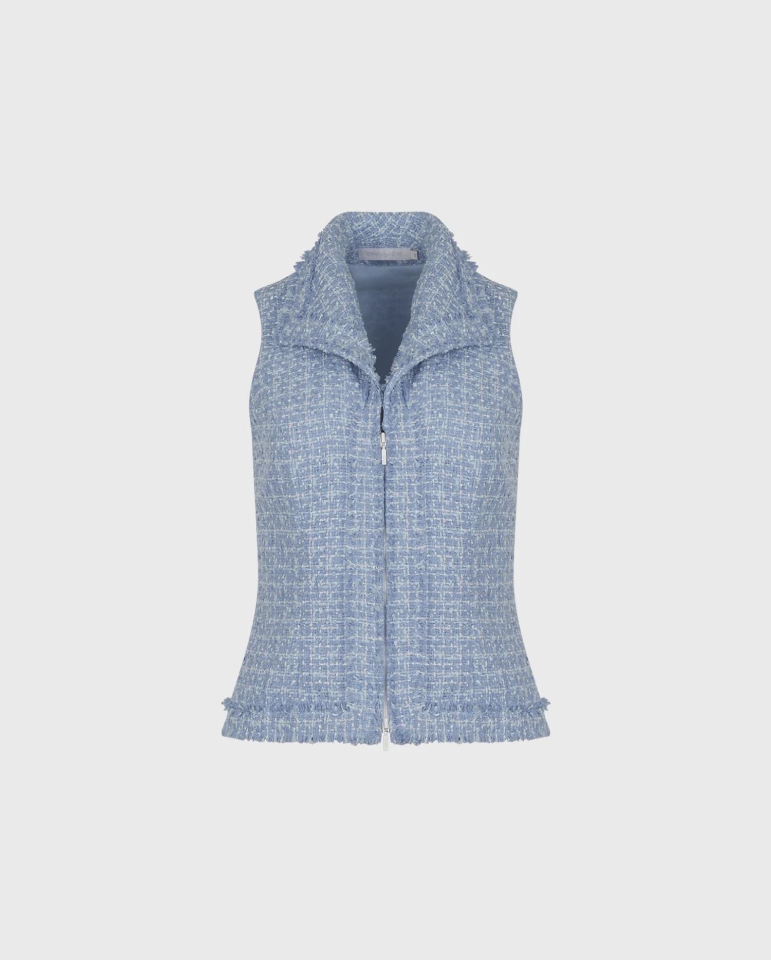 Discover the Marlyn Sleeveless Blue Tweed Zipper Front Vest with Statement Collar from designer Anne Fontaine