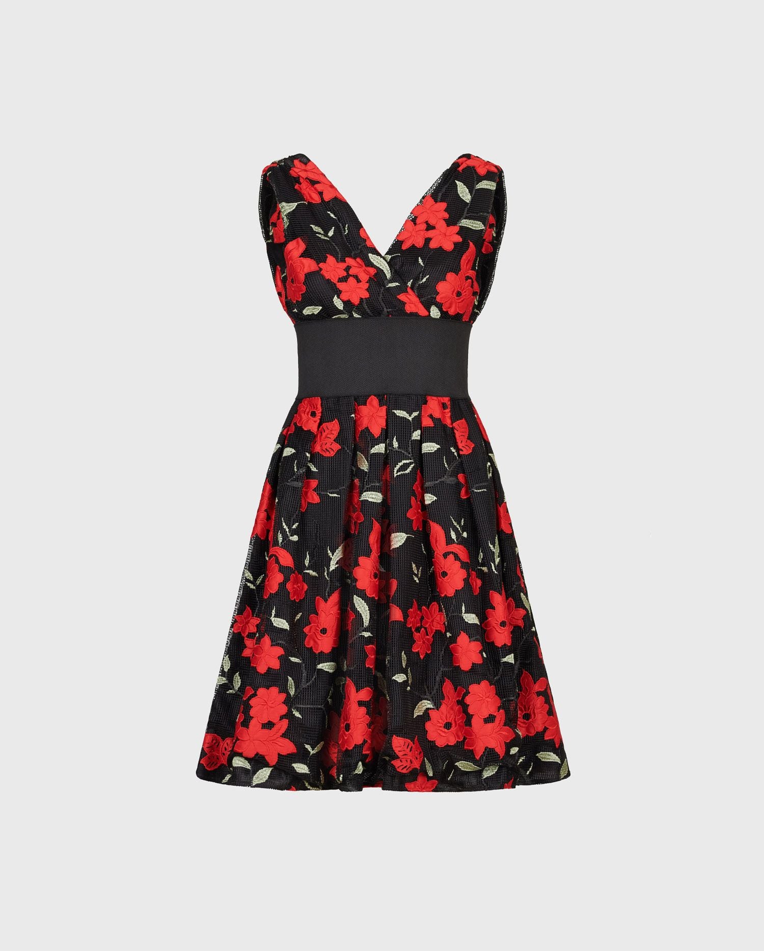 Transport yourself to the streets of Paris in the beautiful MATHILDA black and red floral A-Line dress.