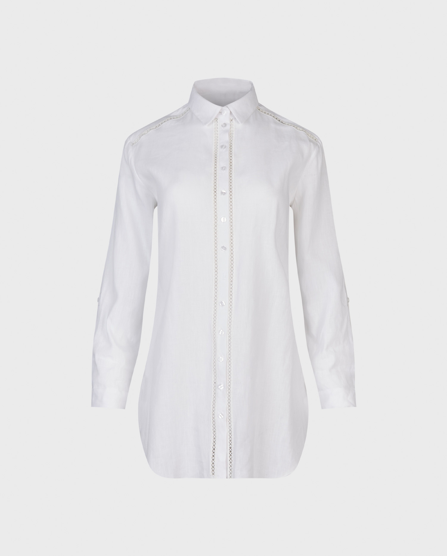 Shop the MENDI long length white linen shirt with open work lattice embroidery from ANNE FONTAINE 