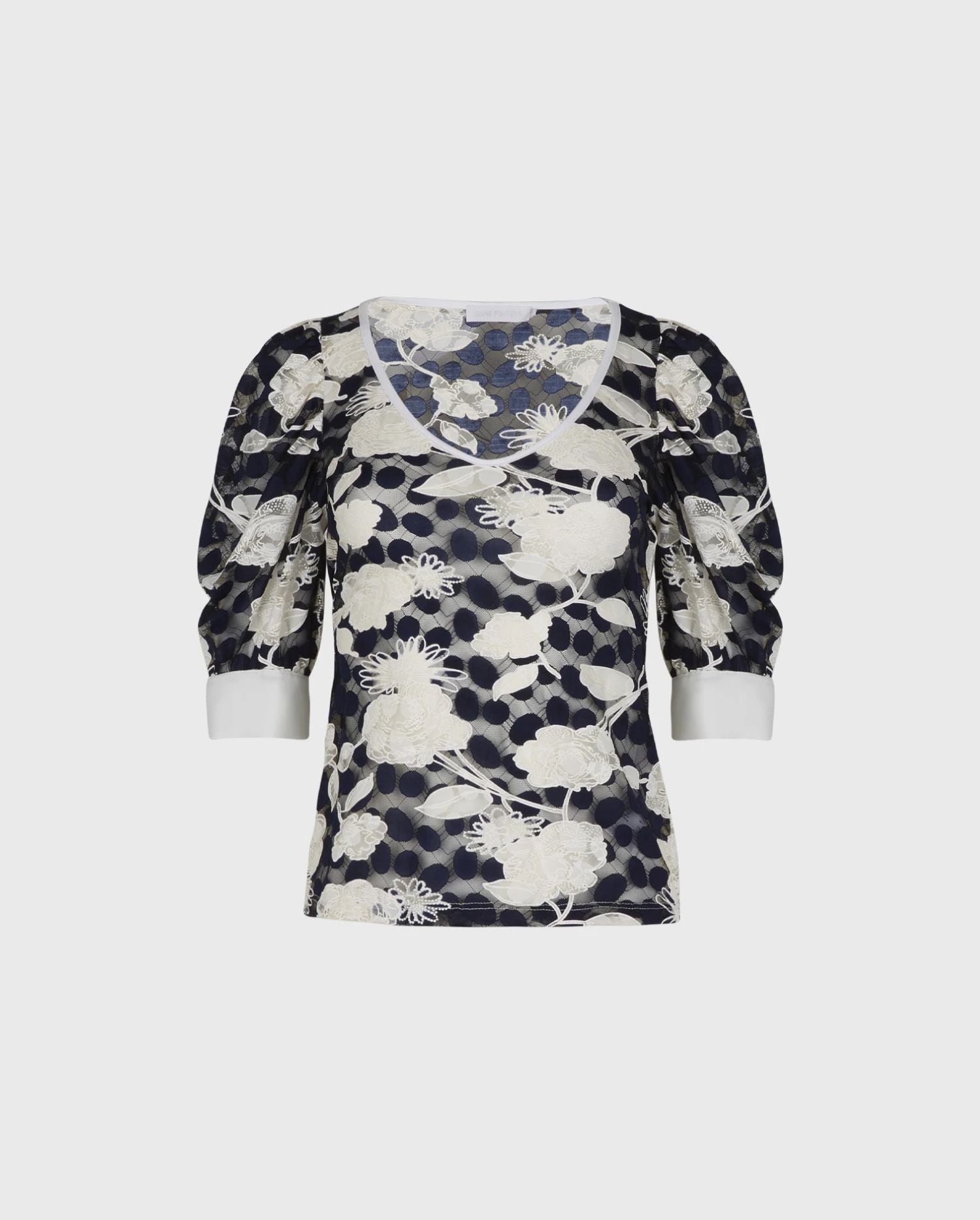 Discover the Nancy Blue And White Short Sleeve Floral Lace Top With V-neck from designer Anne Fontaine