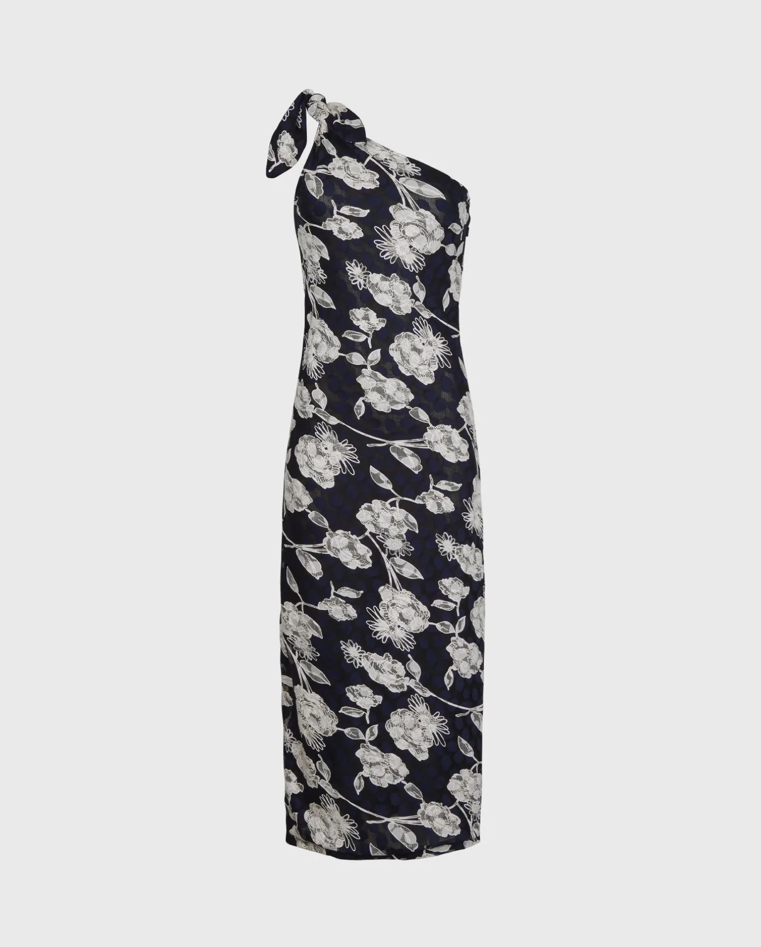 Discover the Olinda Blue and White One Shoulder Floral Lace Fitted Maxi Dress from designer Anne Fontaine