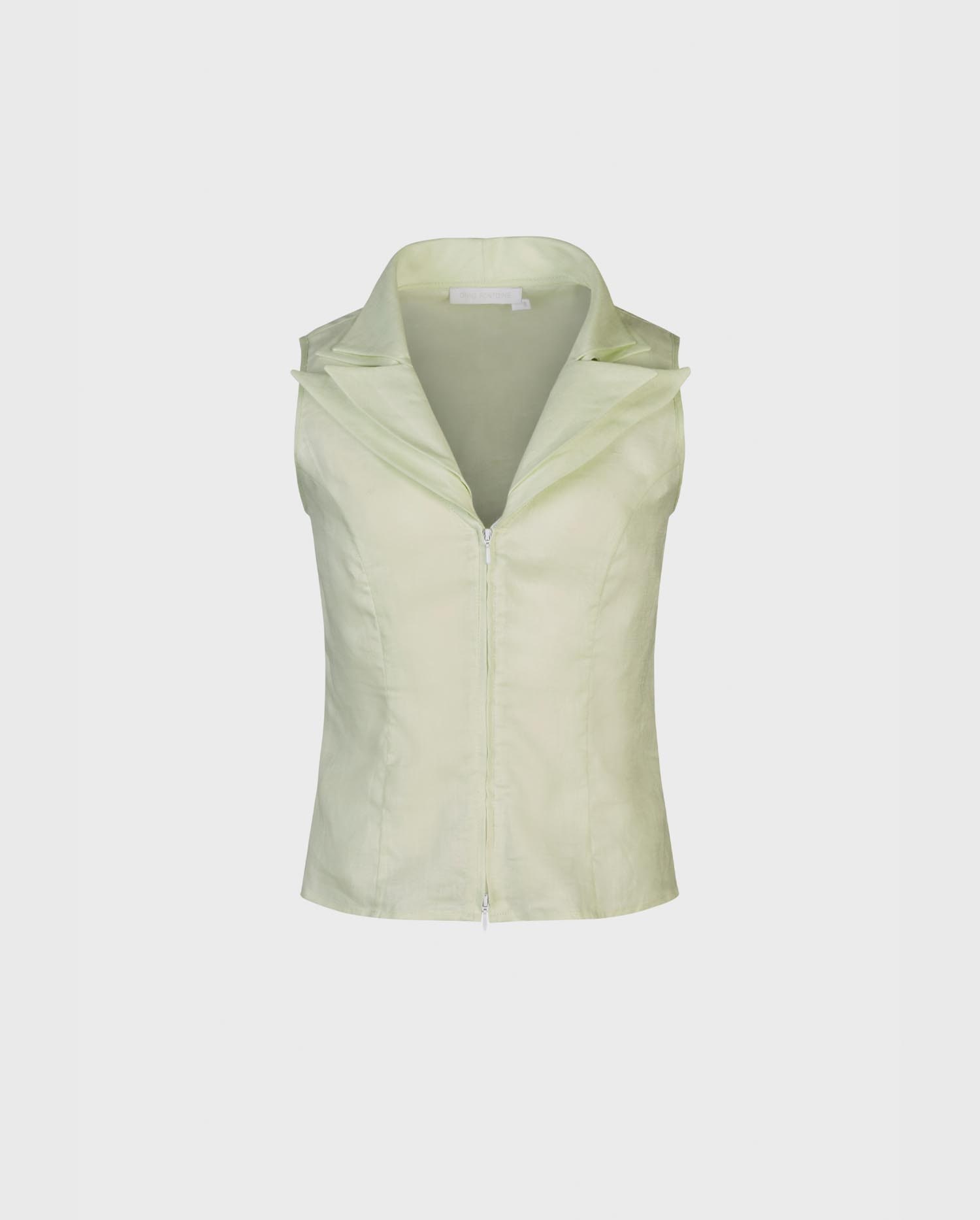 Explore the OPARI sleeveless linen shirt with zipper closure in mint green colorway with pointed double collars from ANNE FONTAINE